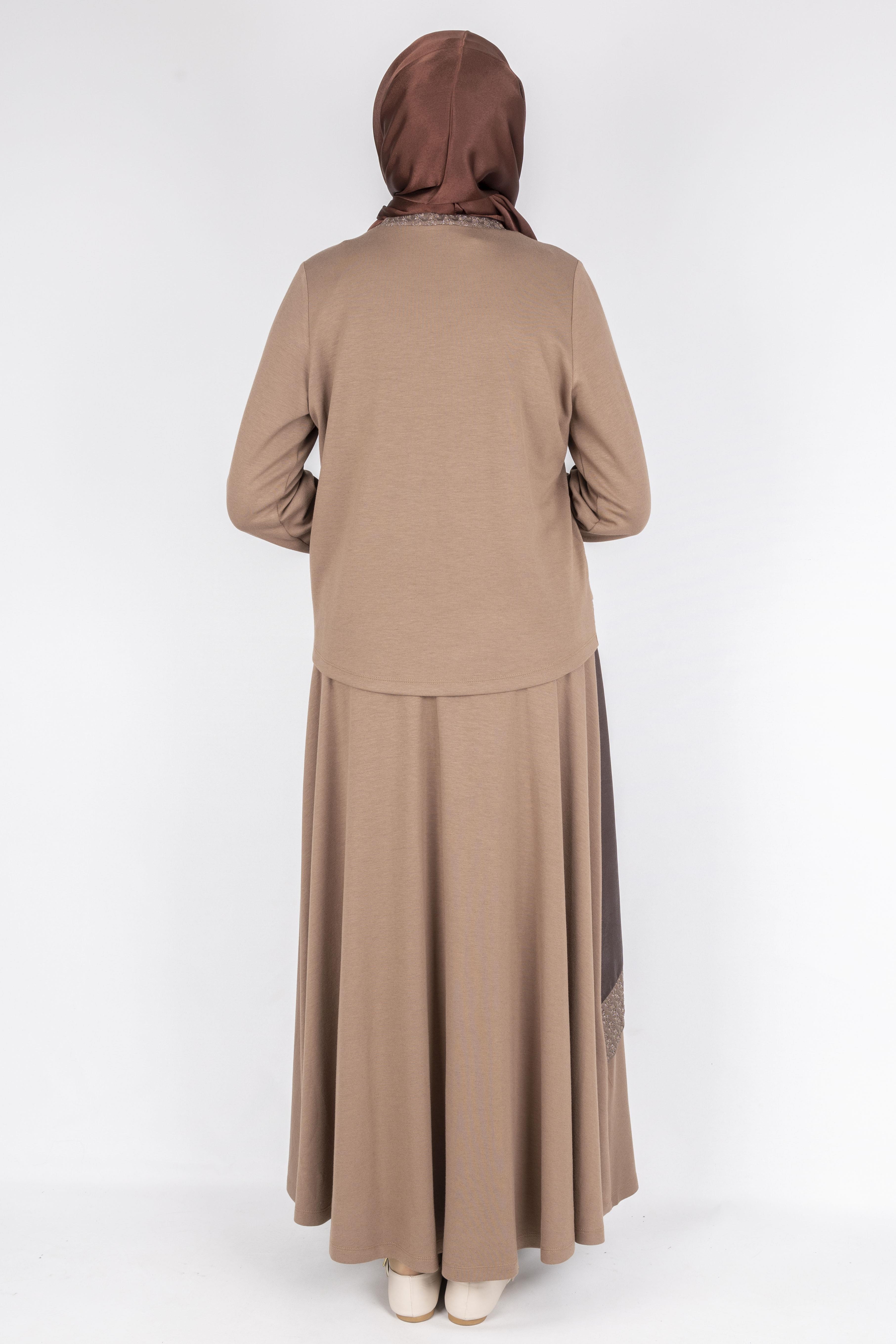 Orhan Store  Bağlamalı Kurdele Detaylı Tesettür Etekli Takım  Vizon OTW2644