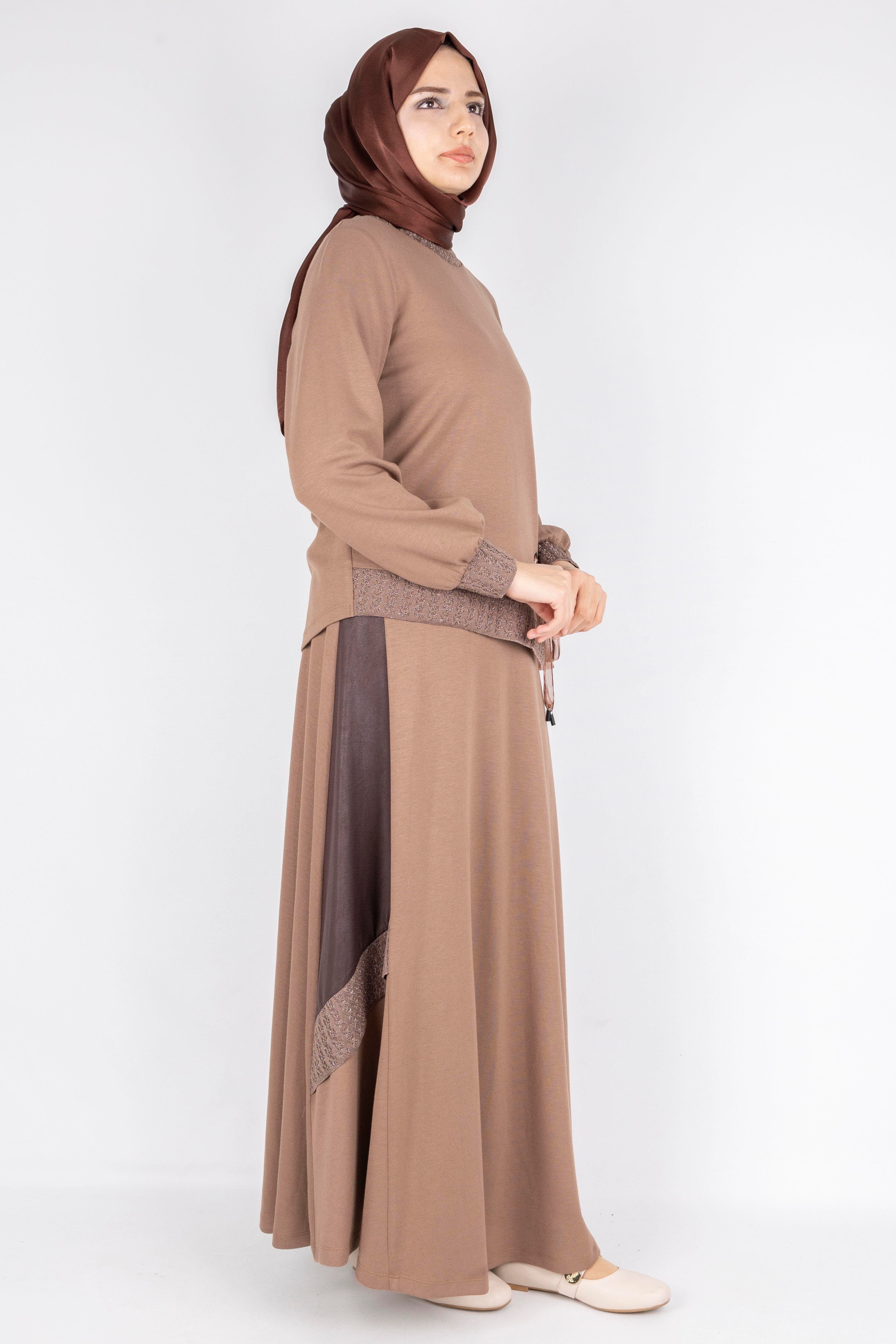 Orhan Store  Bağlamalı Kurdele Detaylı Tesettür Etekli Takım  Vizon OTW2644