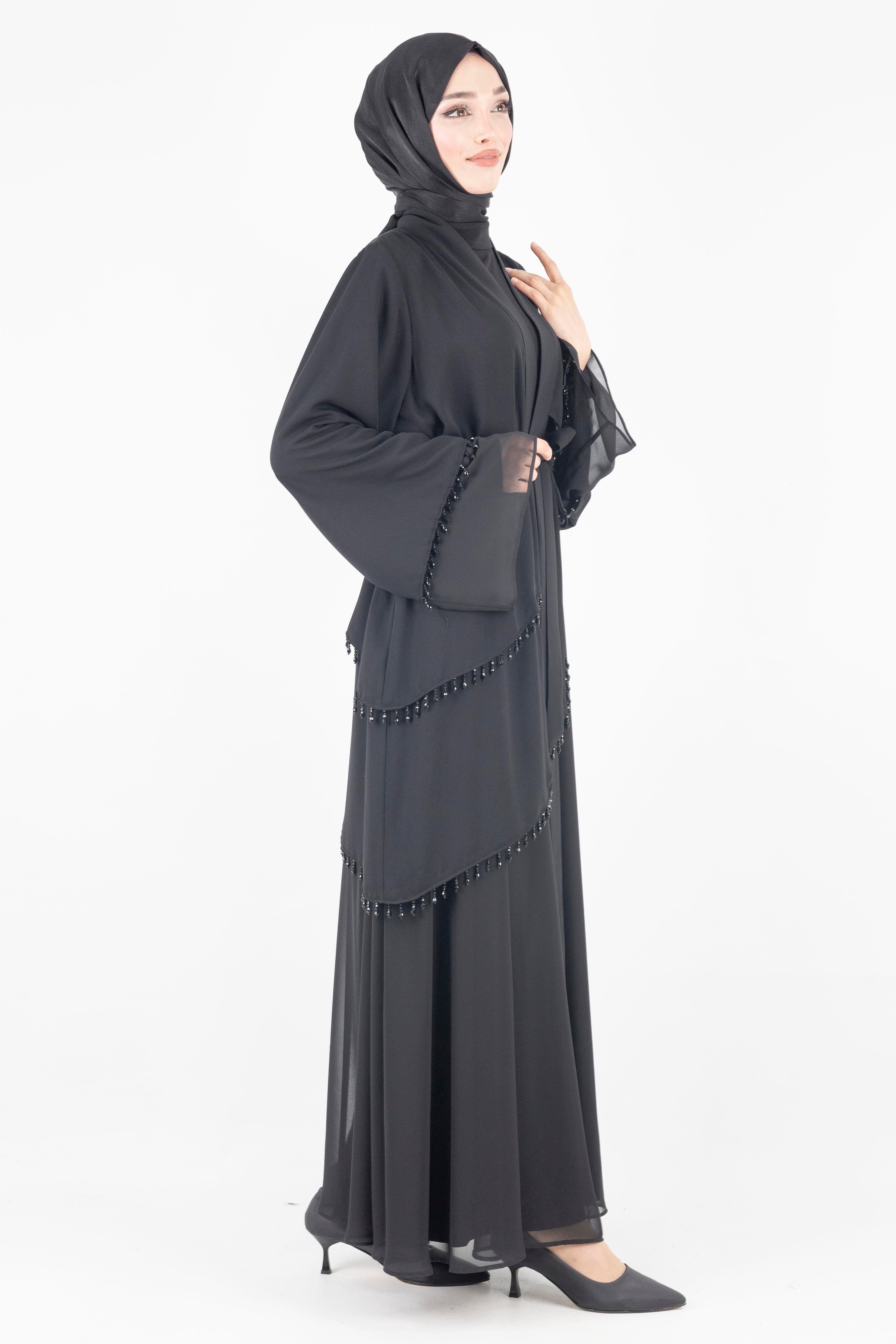 Orhan Store Boncuklu Abaya Takım Siyah OTW2356