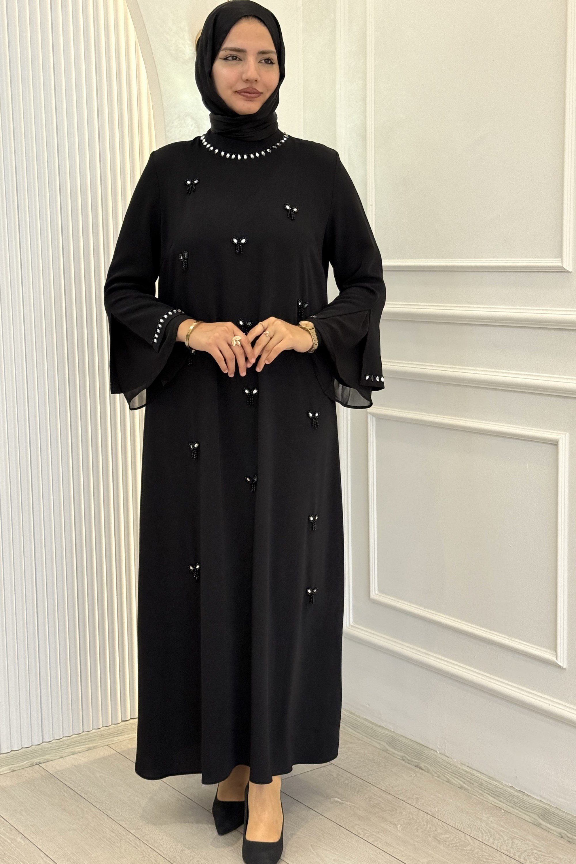Orhan Store Büyük Beden Boncuk İşlemeli Şık Tesettür Elbise Siyah OTW1903