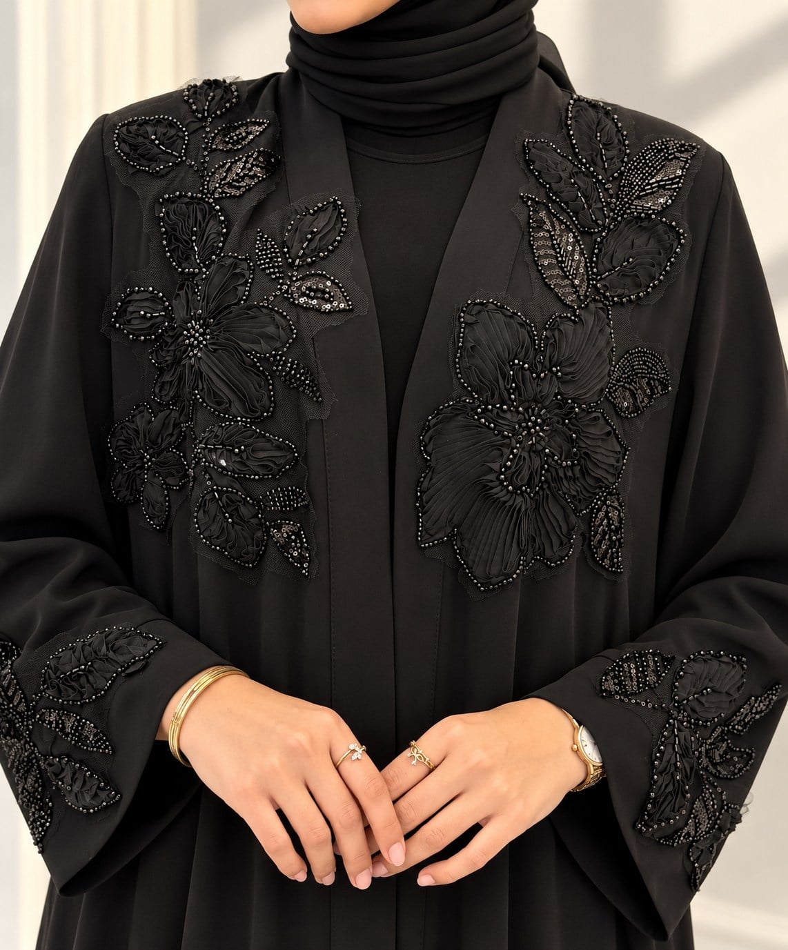 Orhan Store Büyük Beden Çiçek İşlemeli Boncuk Detaylı İkili Abaya Takım Siyah OTW2587
