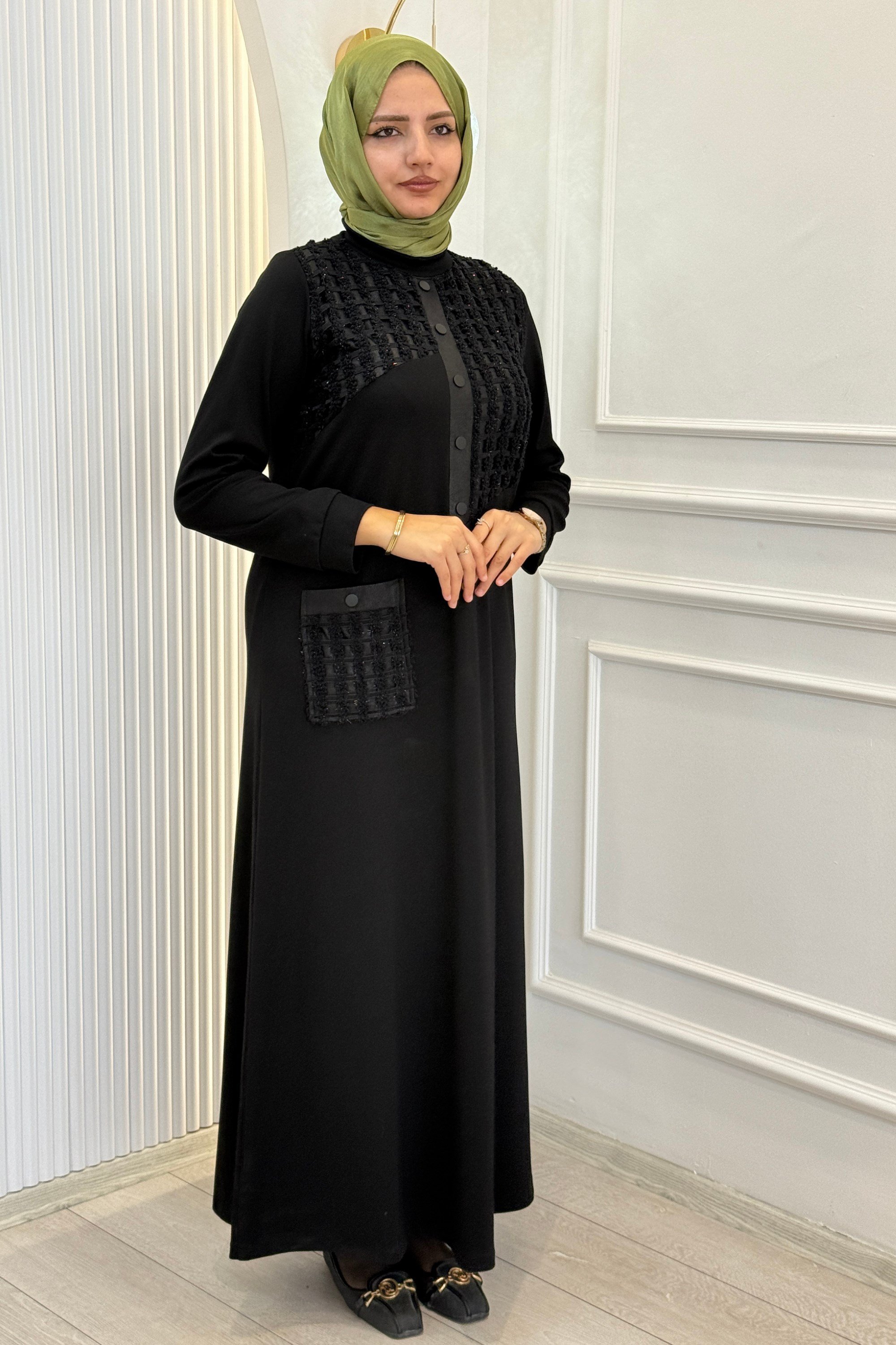Orhan Store Büyük Beden File Detaylı Cepli Elbise Siyah OTW1985