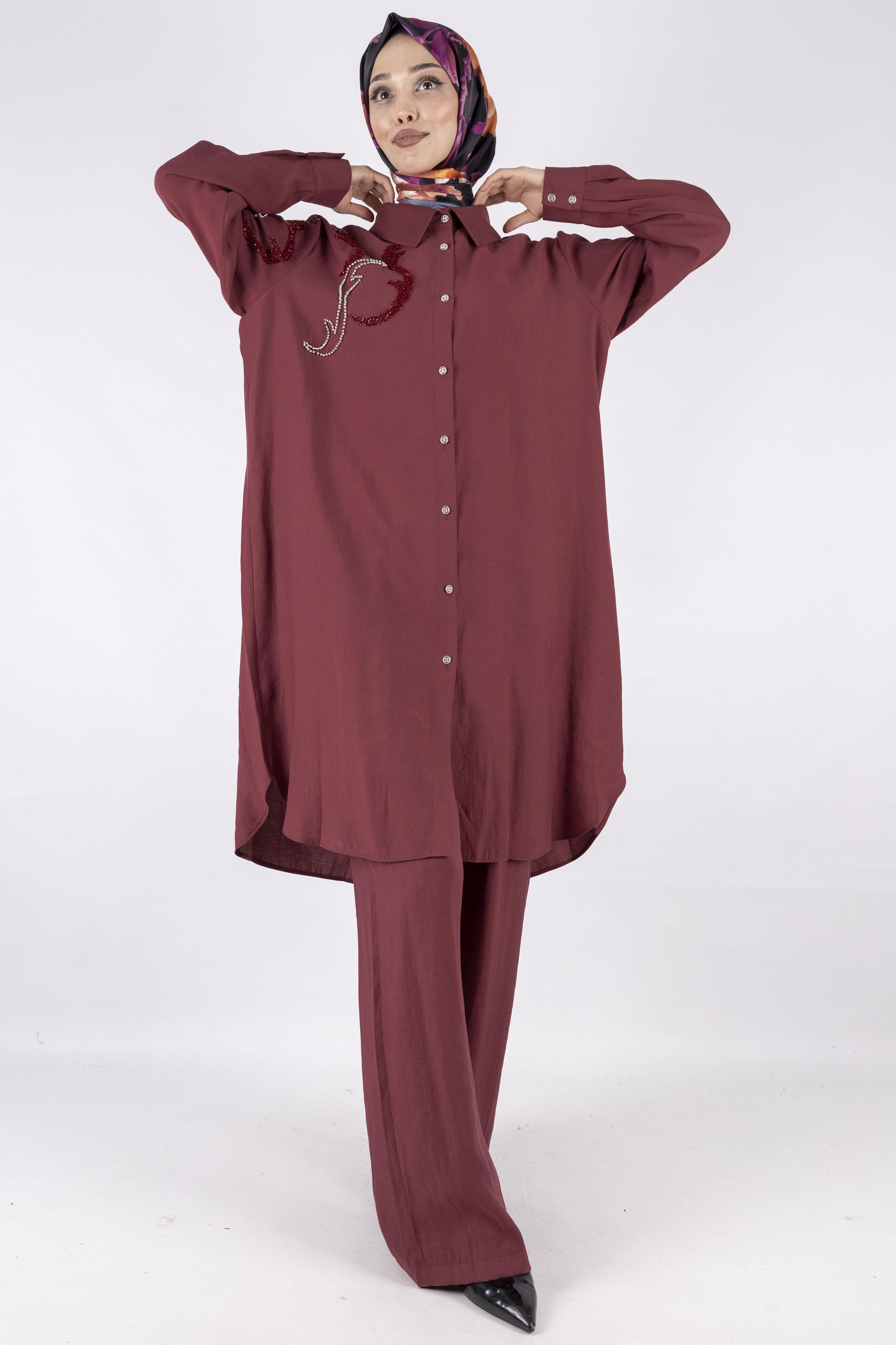 Orhan Store Büyük Beden Pantolonlu Takım Bordo OTW2490