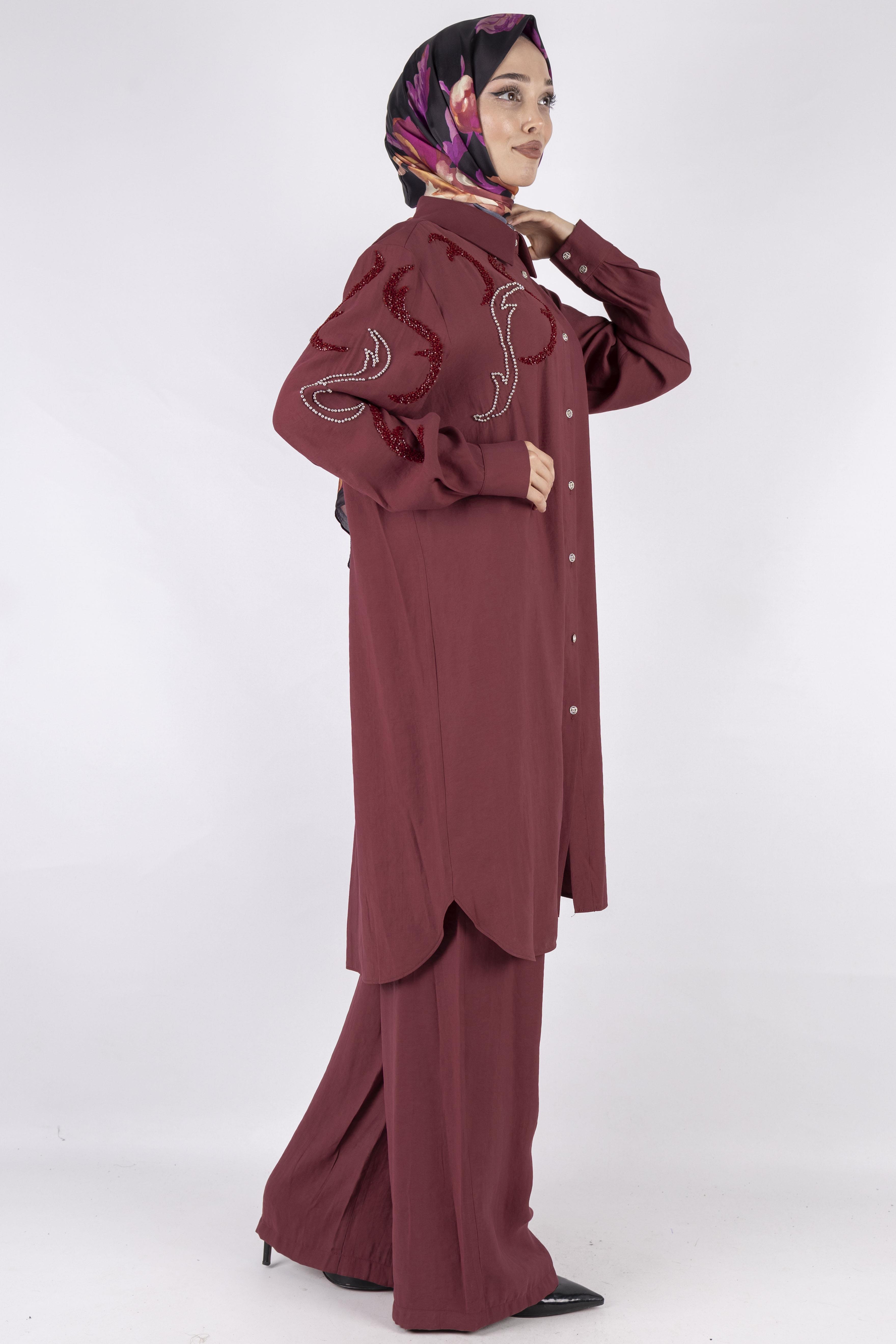 Orhan Store Büyük Beden Pantolonlu Takım Bordo OTW2490