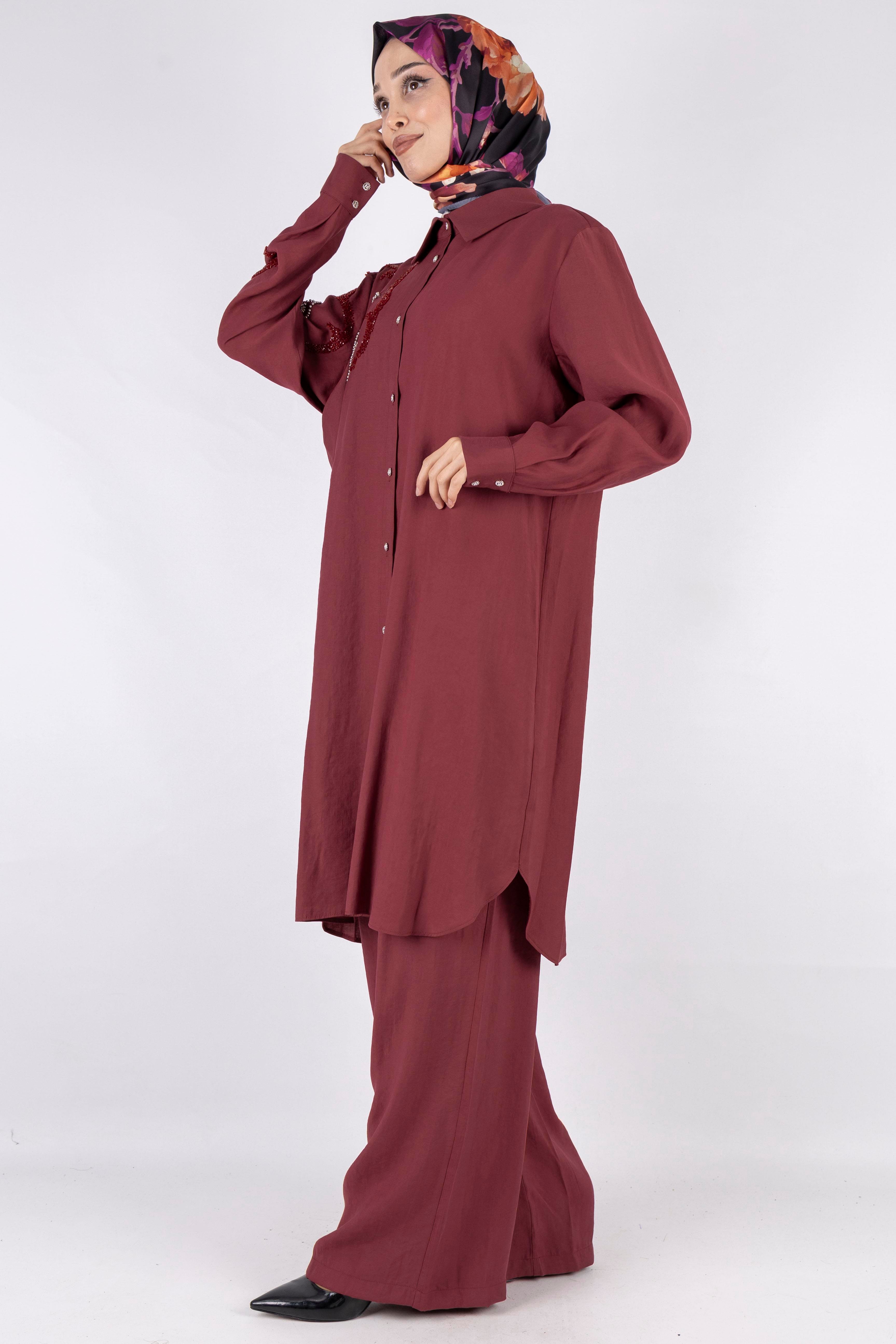 Orhan Store Büyük Beden Pantolonlu Takım Bordo OTW2490