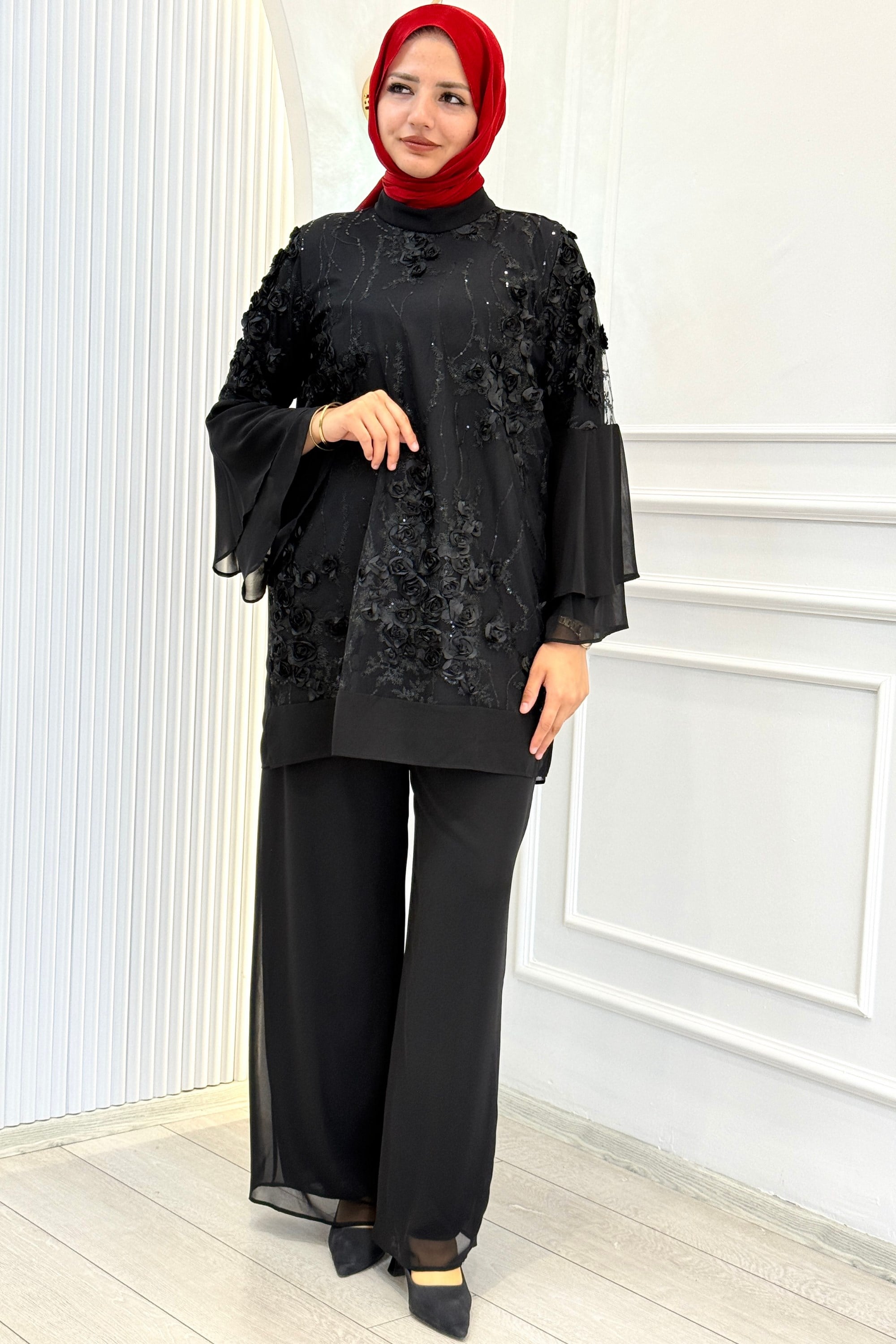 Orhan Store Çiçek Aplikeli Şık Tunik Pantolon Takım Siyah OTW3036