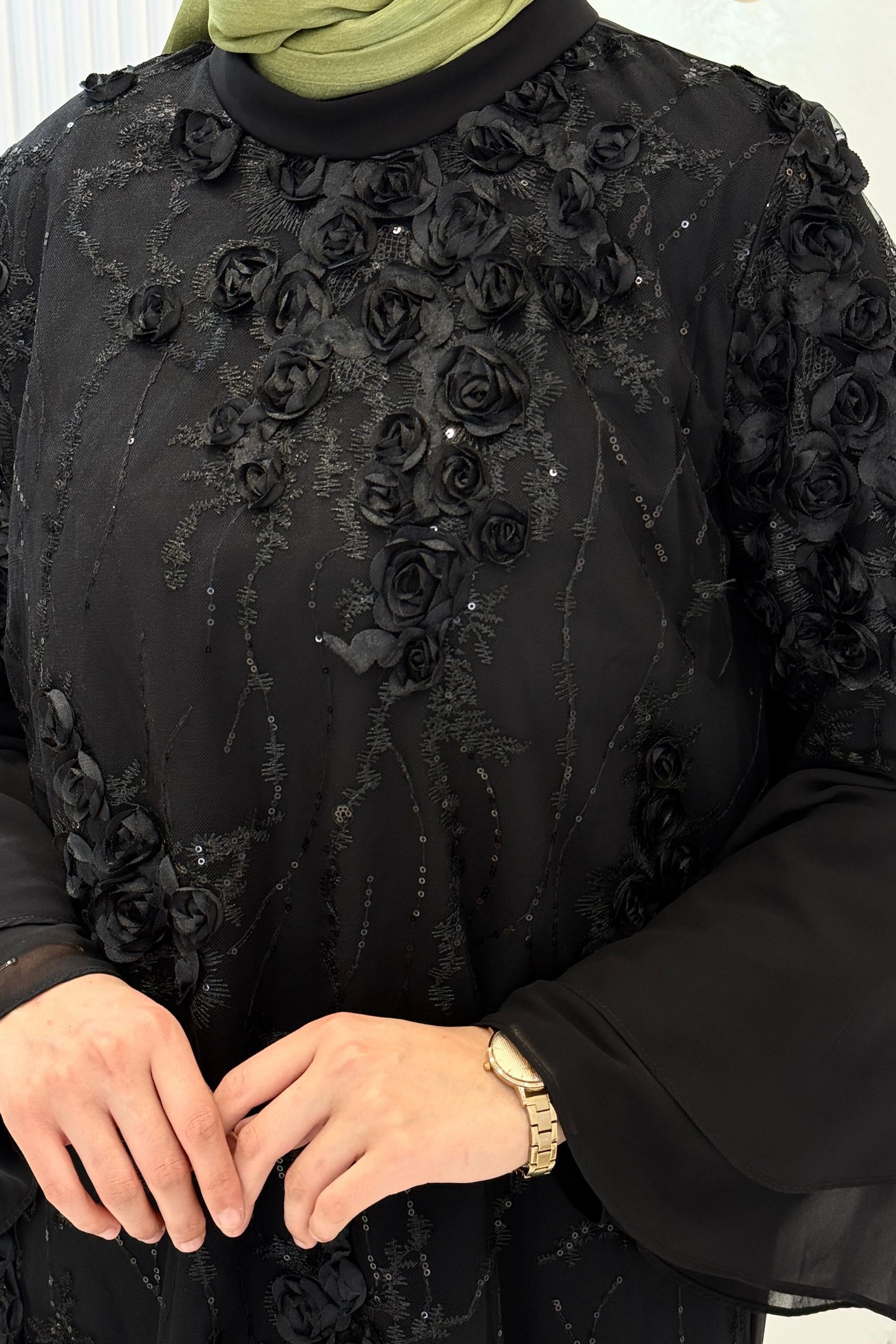 Orhan Store Çiçek Aplikeli Şık Tunik Pantolon Takım Siyah OTW2892