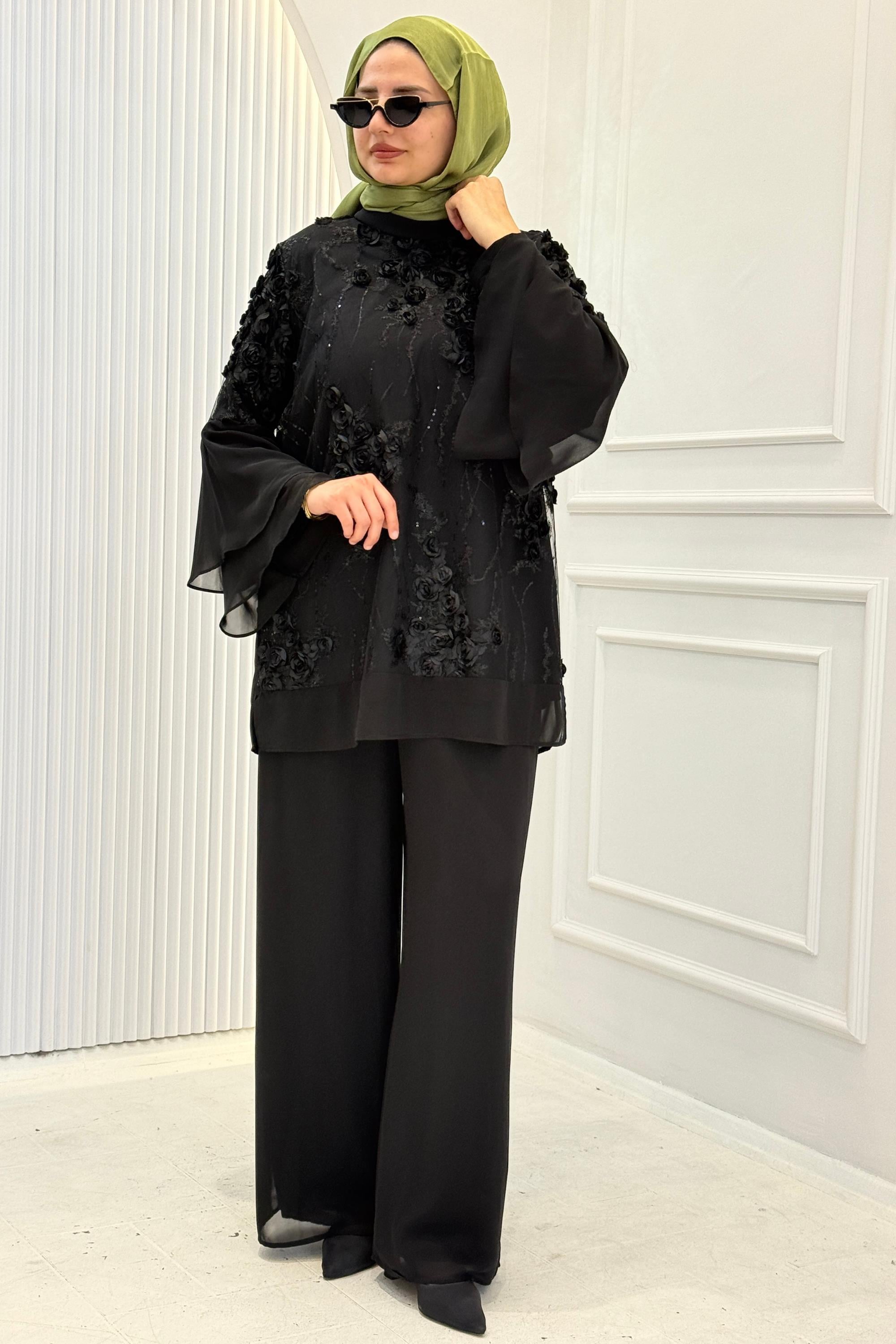 Orhan Store Çiçek Aplikeli Şık Tunik Pantolon Takım Siyah OTW2892