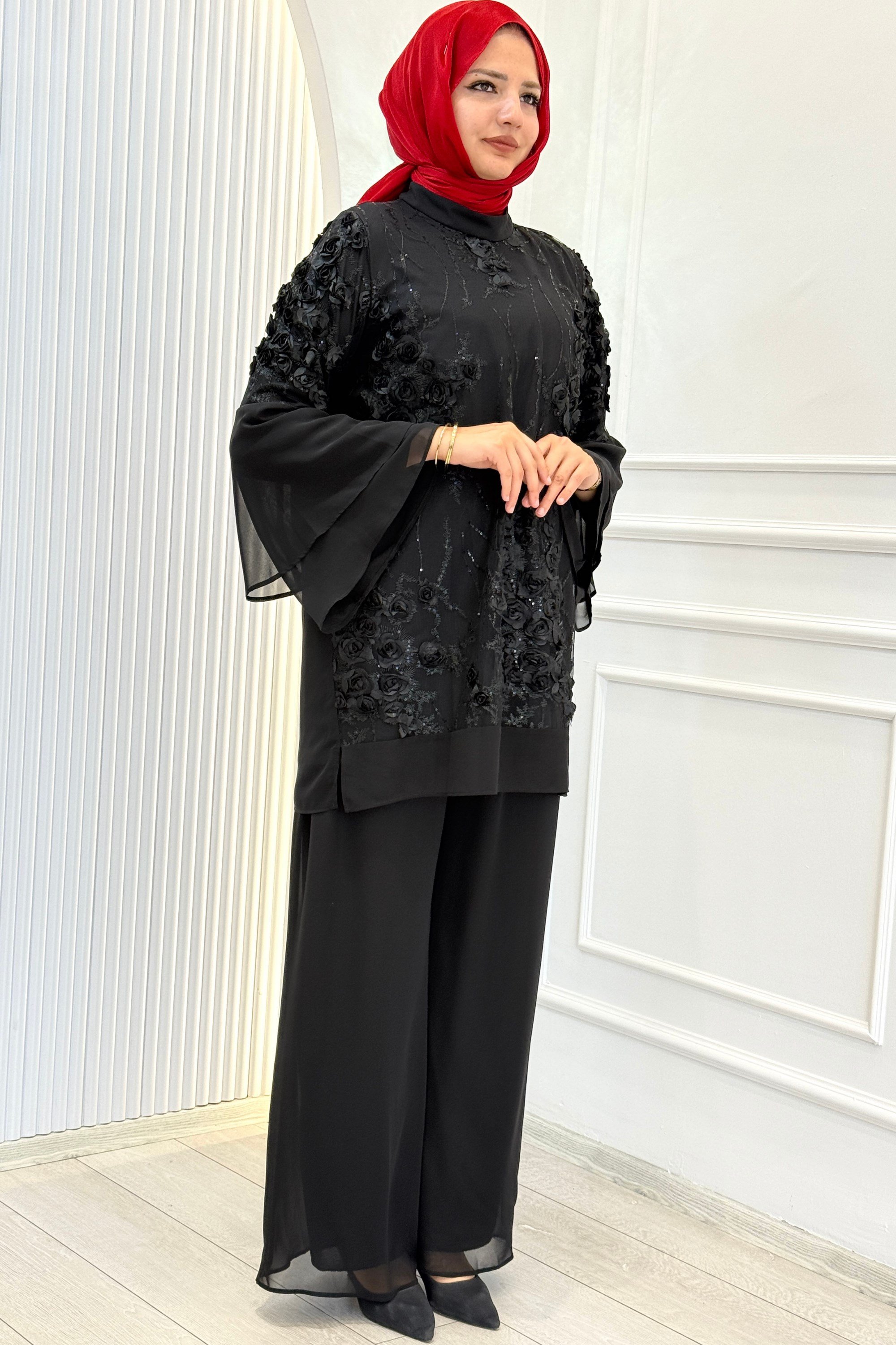 Orhan Store Çiçek Aplikeli Şık Tunik Pantolon Takım Siyah OTW3036