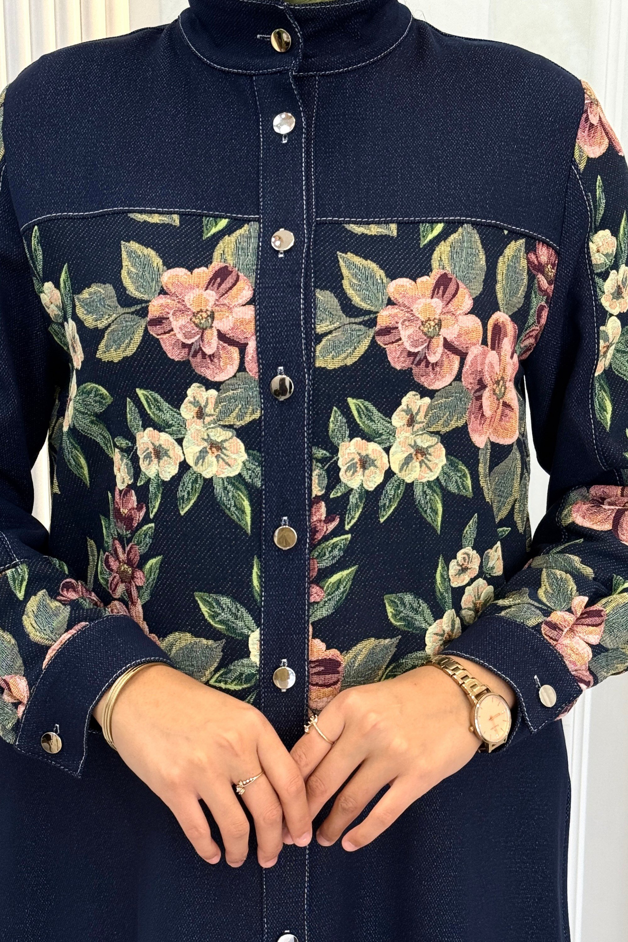 Orhan Store Çiçek Desenli Düğmeli Pantolonlu Takım Lacivert OTW3102