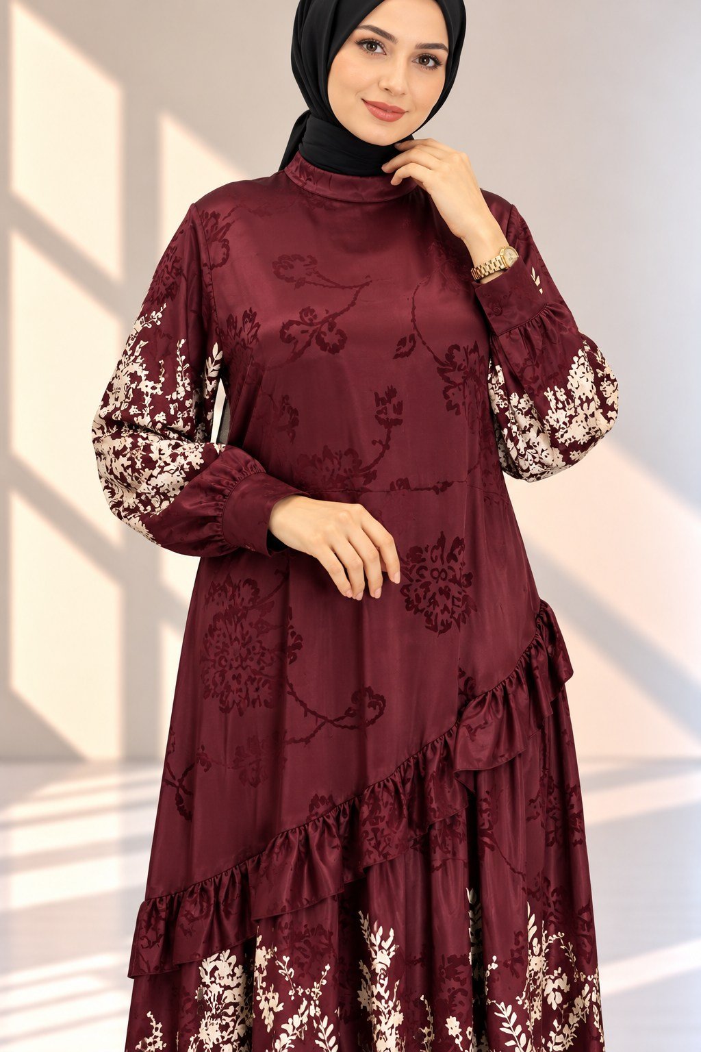 Orhan Store Çiçek Desenli Volanlı Uzun Tesettür Elbise Bordo OTW1993