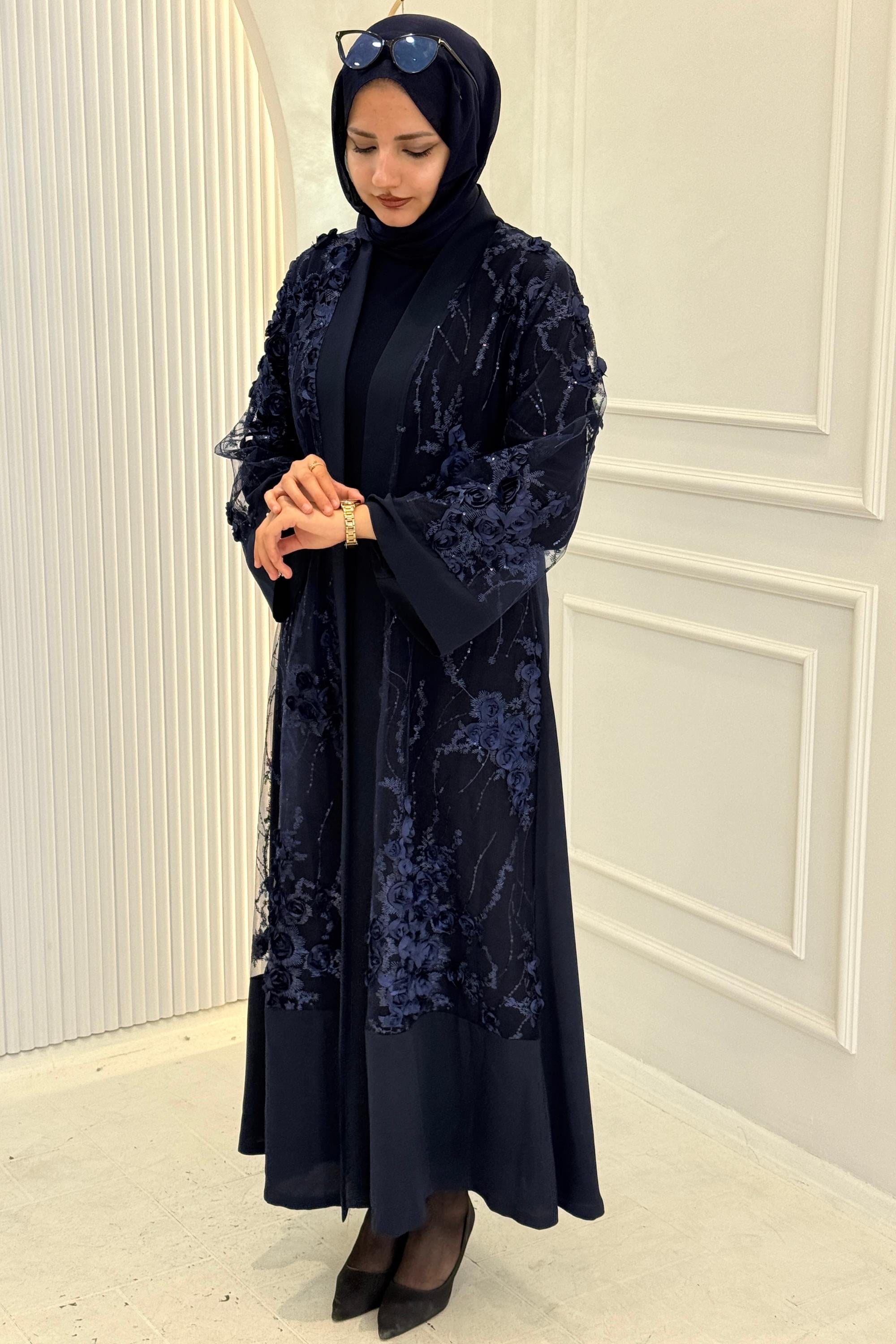 Orhan Store Çiçek İşlemeli Abaya Takım Lacivert OTW2873