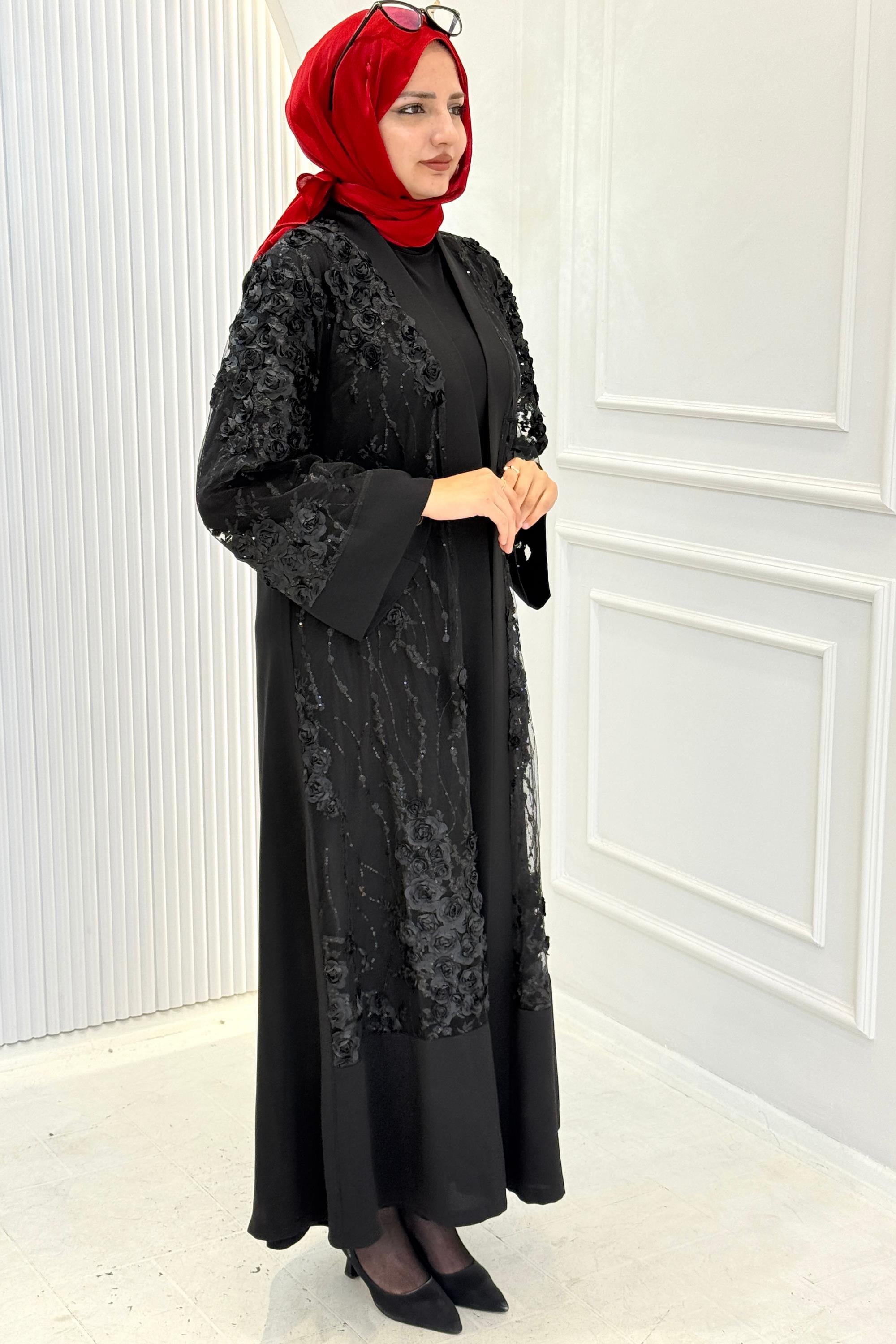 Orhan Store Çiçek İşlemeli Abaya Takım Siyah OTW2873