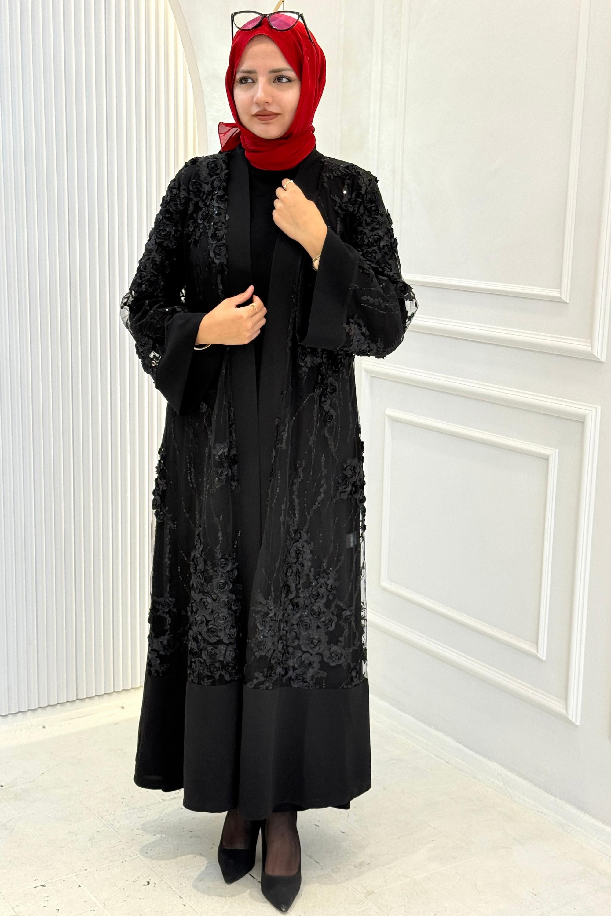 Orhan Store Çiçek İşlemeli Abaya Takım Siyah OTW2873