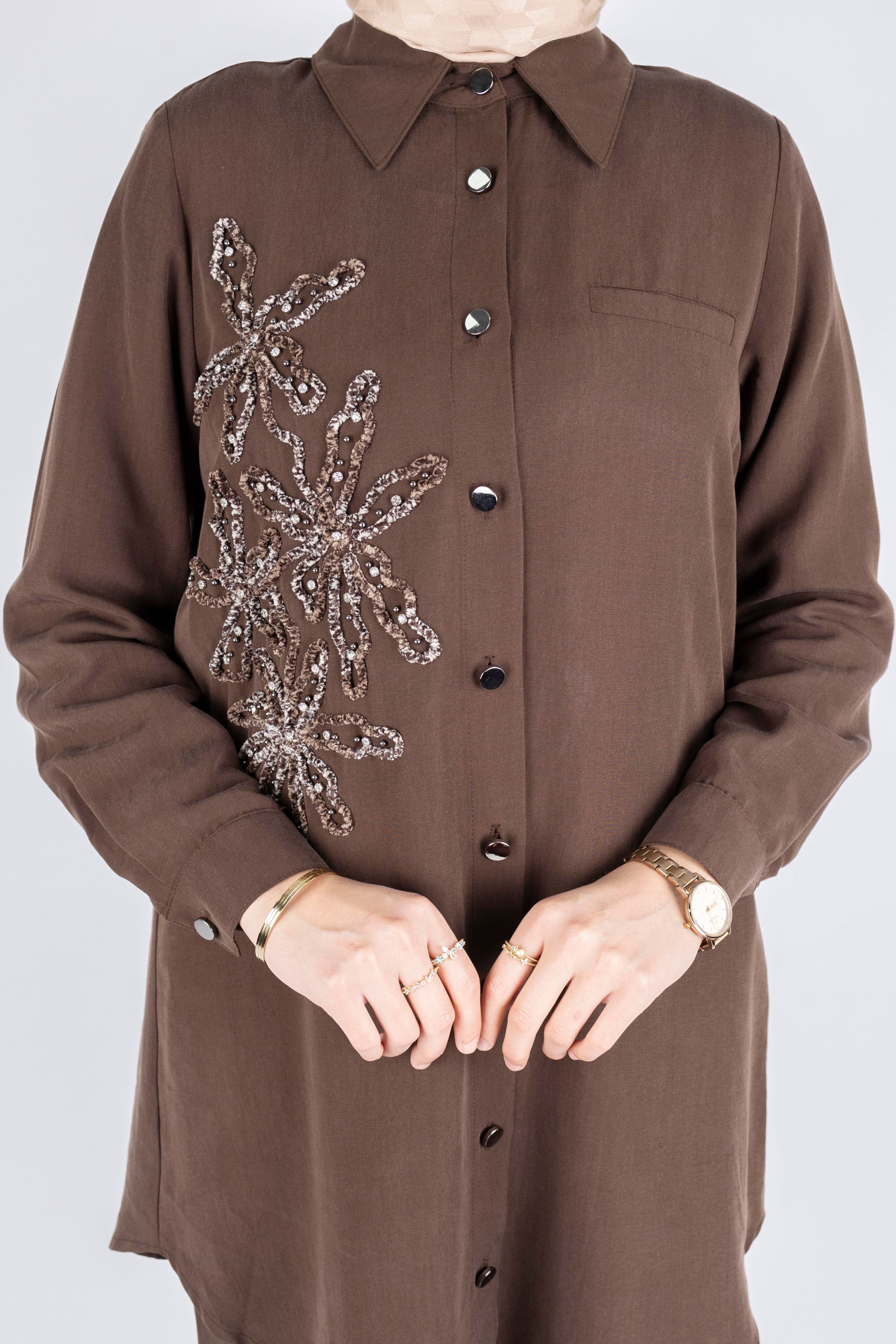 Orhan Store Çiçek İşlemeli Düğmeli Pantolonlu Takım Kahve OTW2703