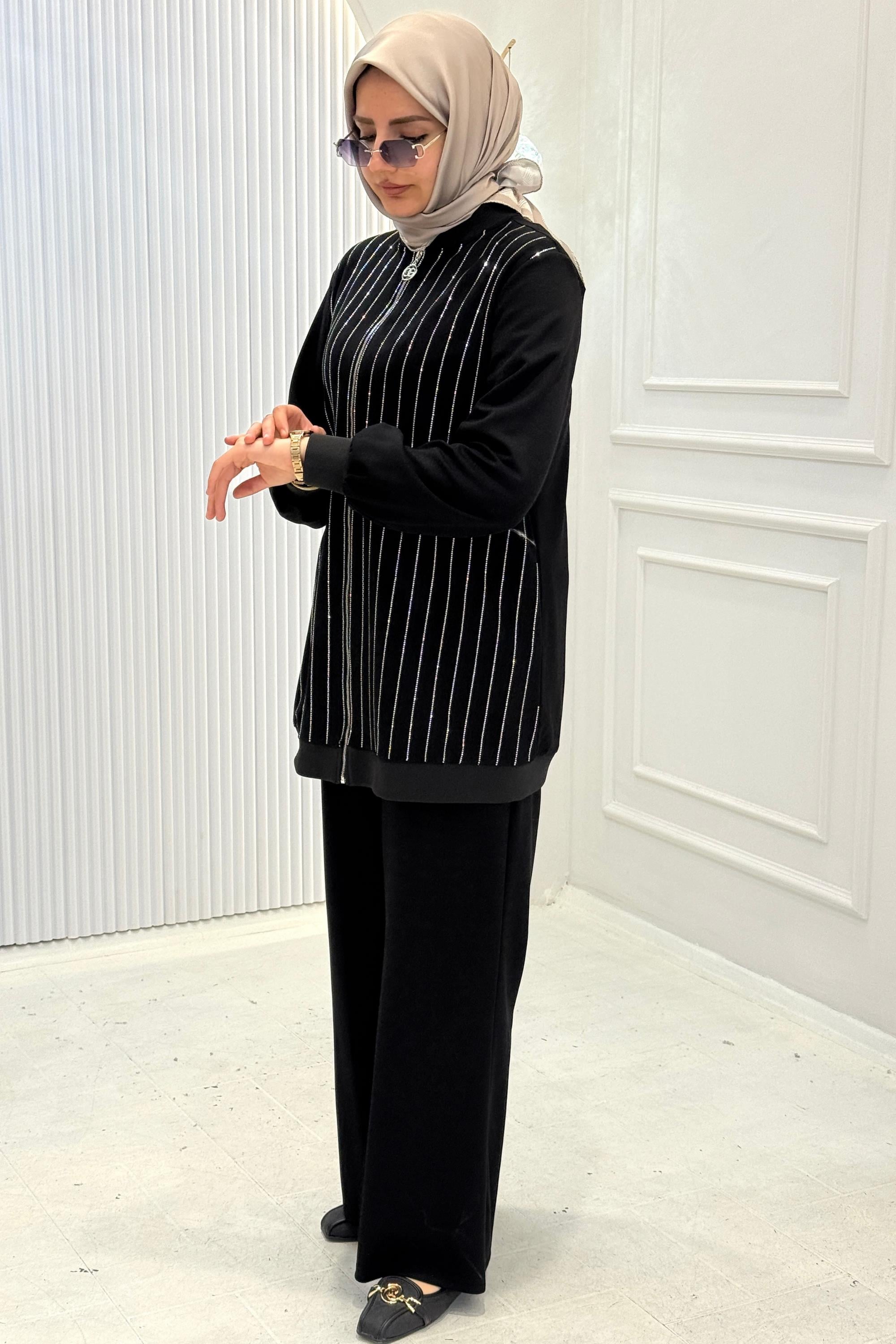 Orhan Store Çizgi Taşlı Çelik Örme Tesettür Takım Siyah OTW2726