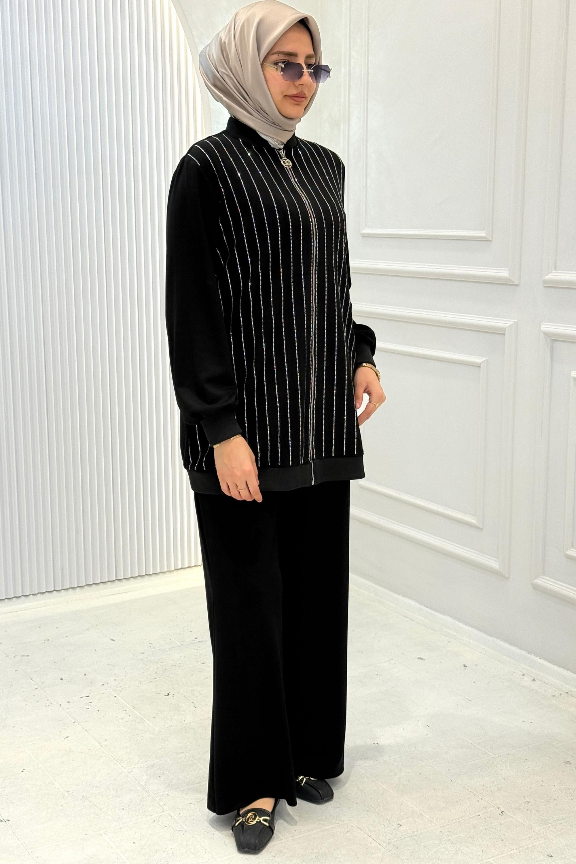 Orhan Store Çizgi Taşlı Çelik Örme Tesettür Takım Siyah OTW2726