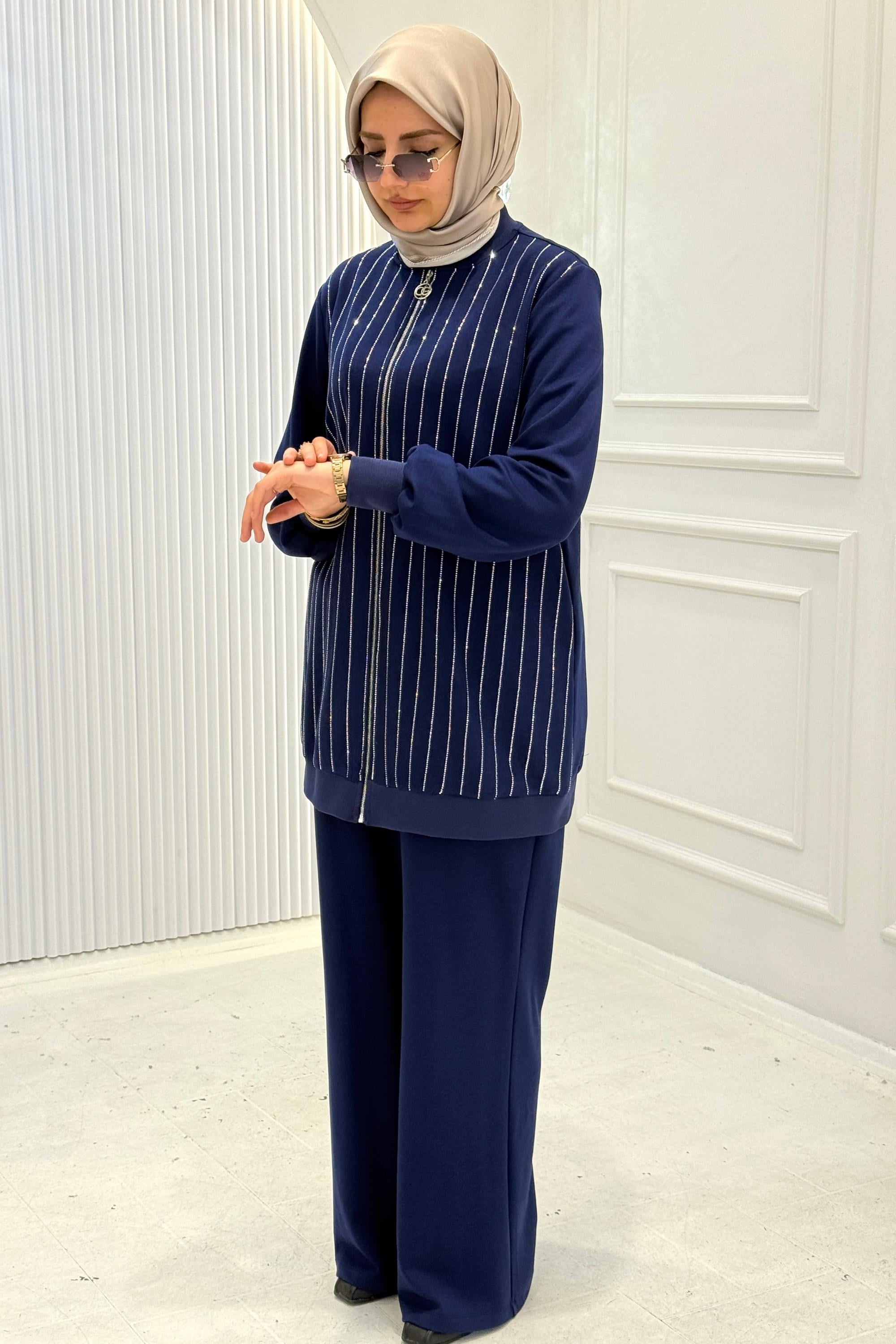 Orhan Store Çizgi Taşlı Çelik Örme Tesettür Takım Parlement OTW2726