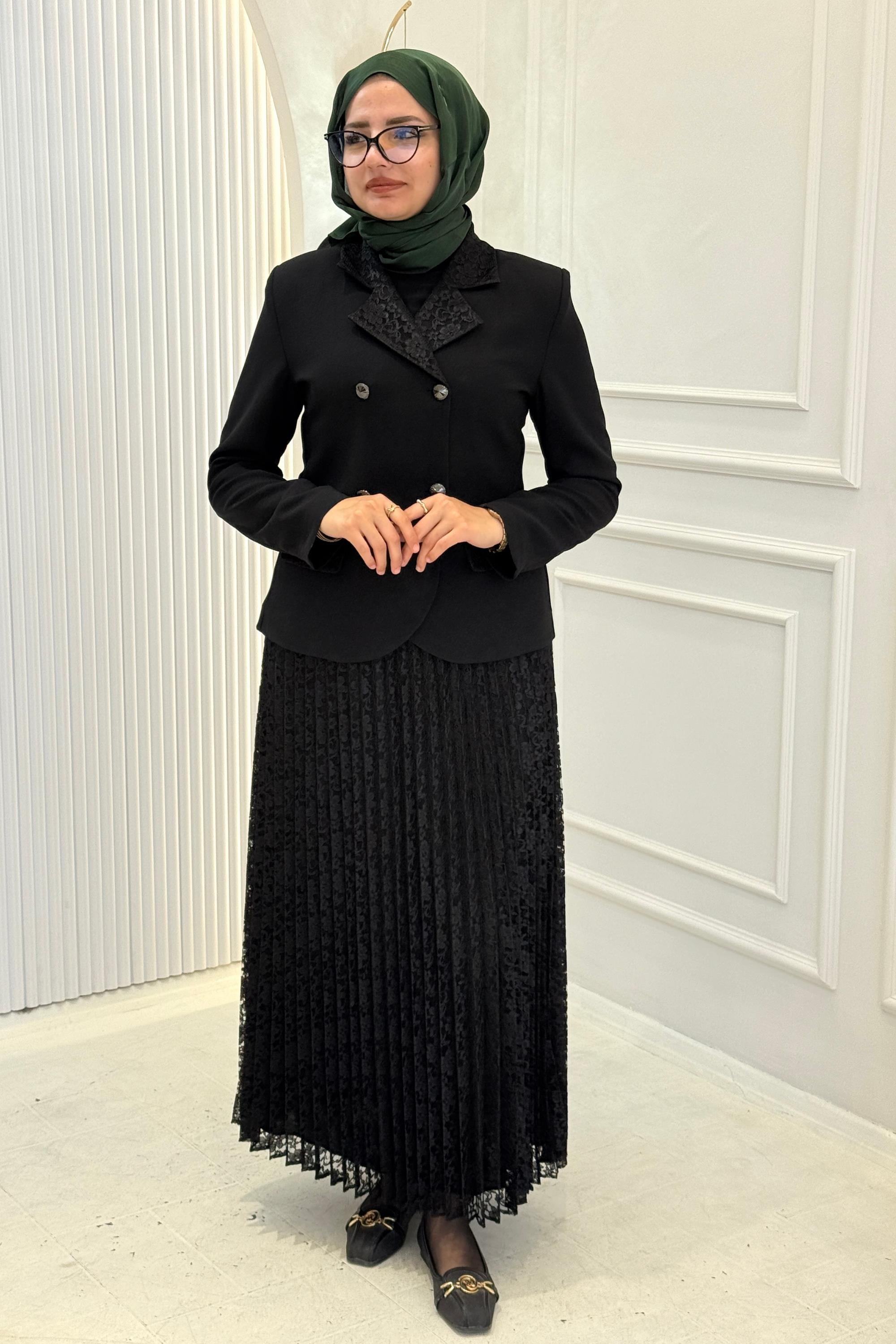 Orhan Store Dantel Detaylı Ceketli Etekli Takım Siyah OTW2878