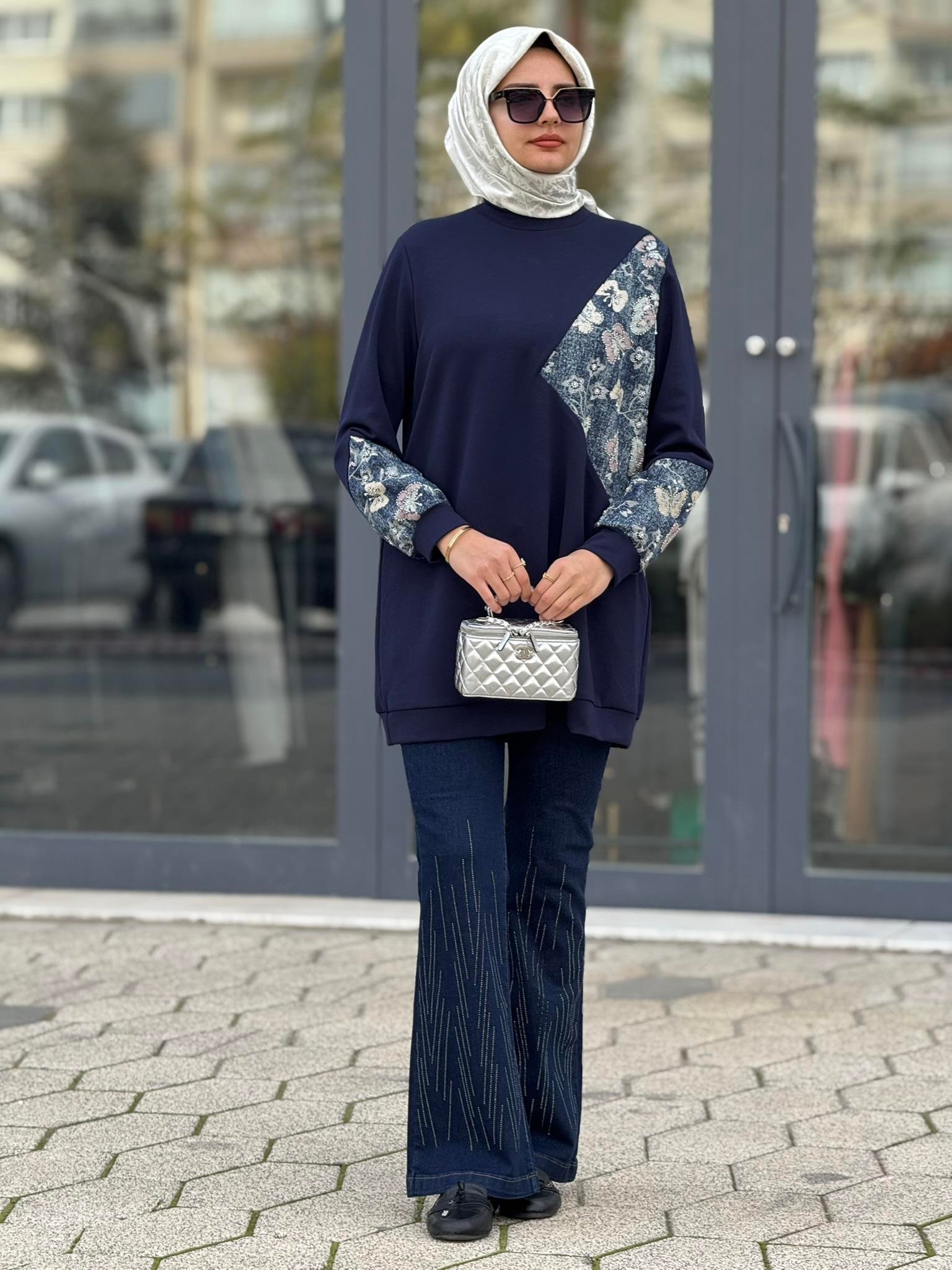 Orhan Store Denim Çiçek Desenli Tunik Lacivert OTW1342