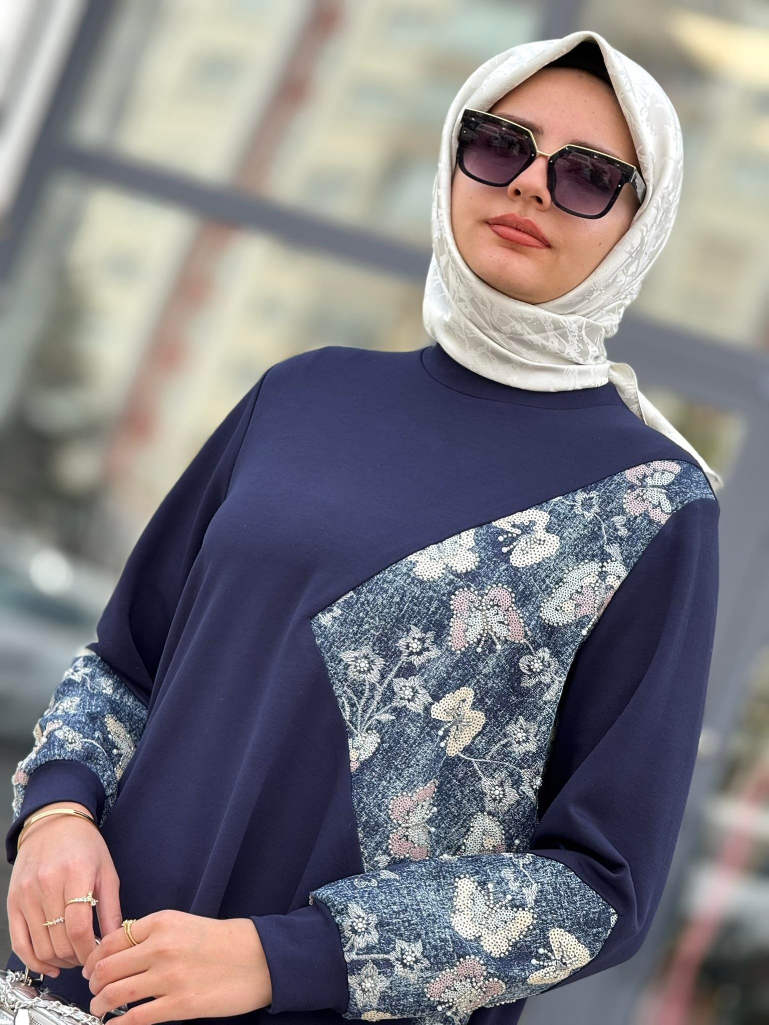 Orhan Store Denim Çiçek Desenli Tunik Lacivert OTW1342