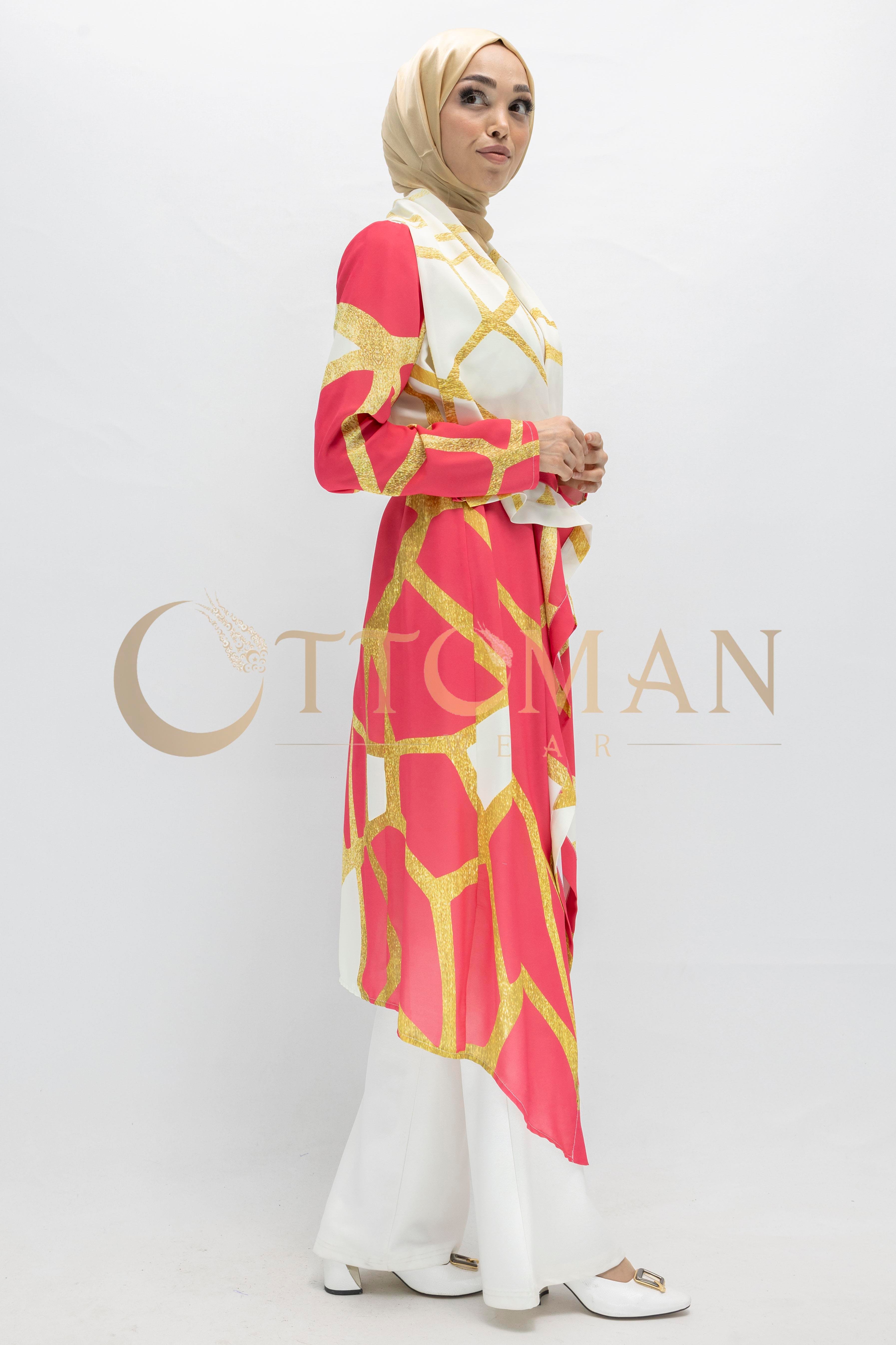 Orhan Store Desenli Saten Kuşaklı Giy Çık Kimono Fuşya OTW1167