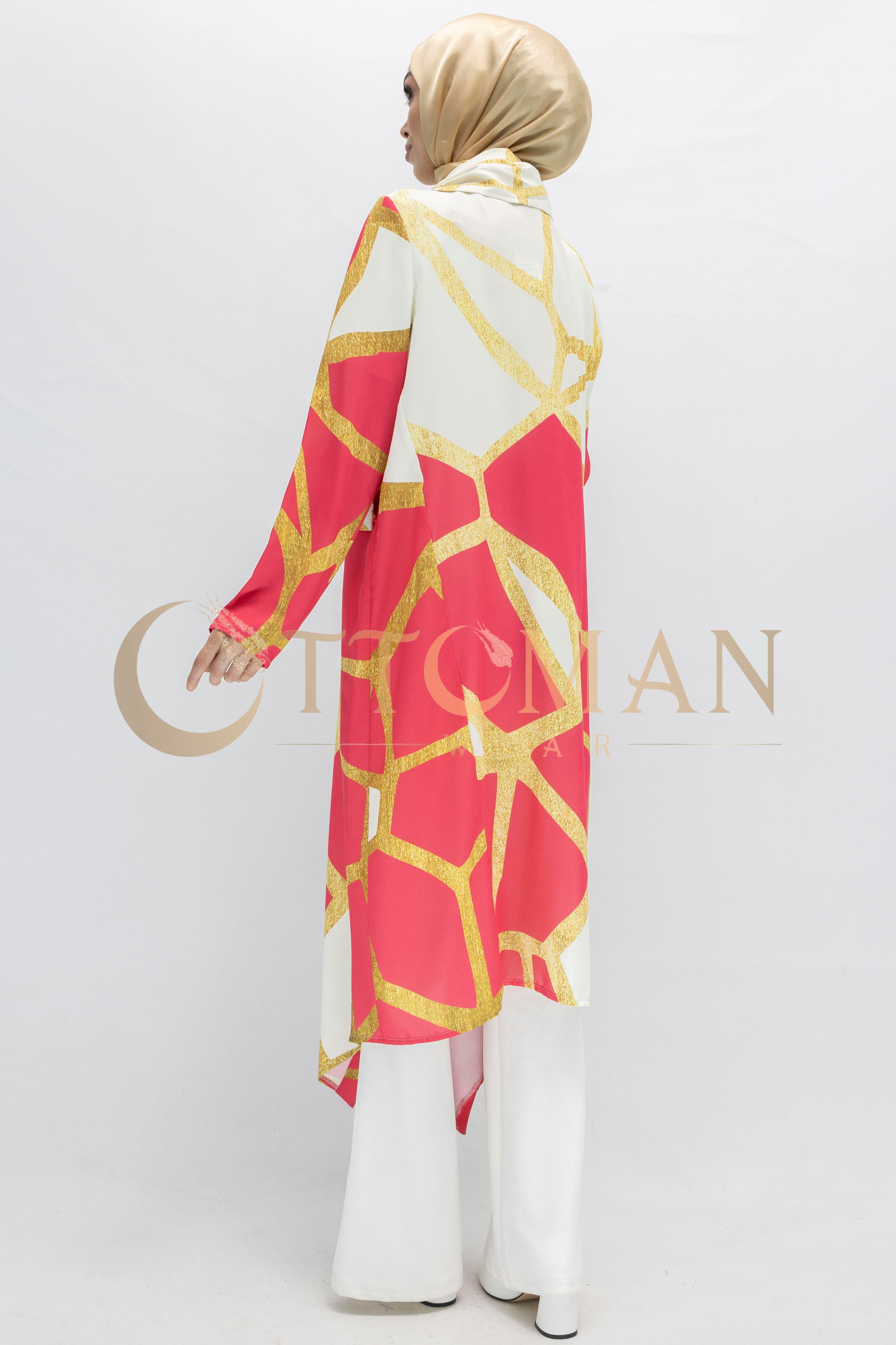 Orhan Store Desenli Saten Kuşaklı Giy Çık Kimono Fuşya OTW1167