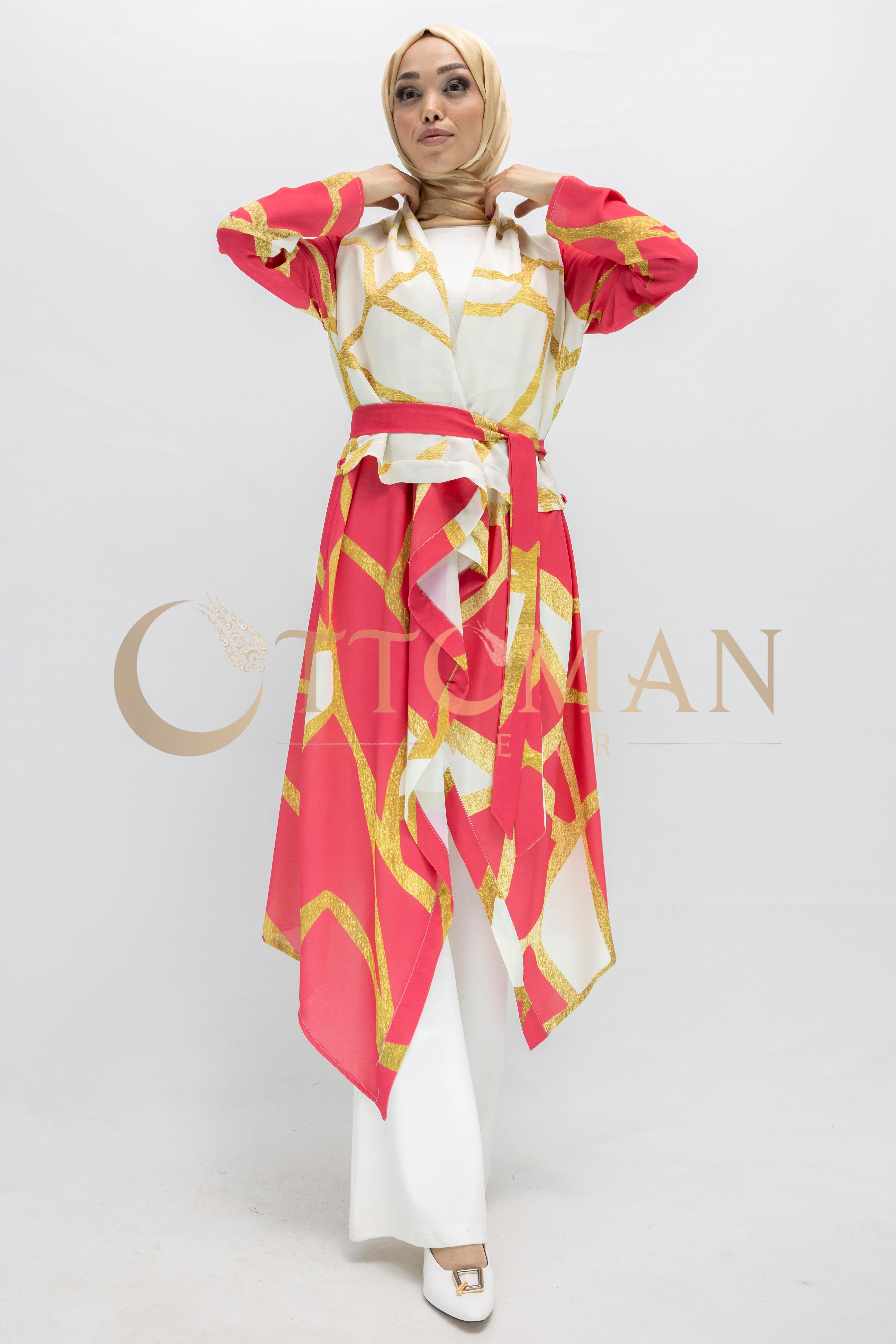 Orhan Store Desenli Saten Kuşaklı Giy Çık Kimono Fuşya OTW1167