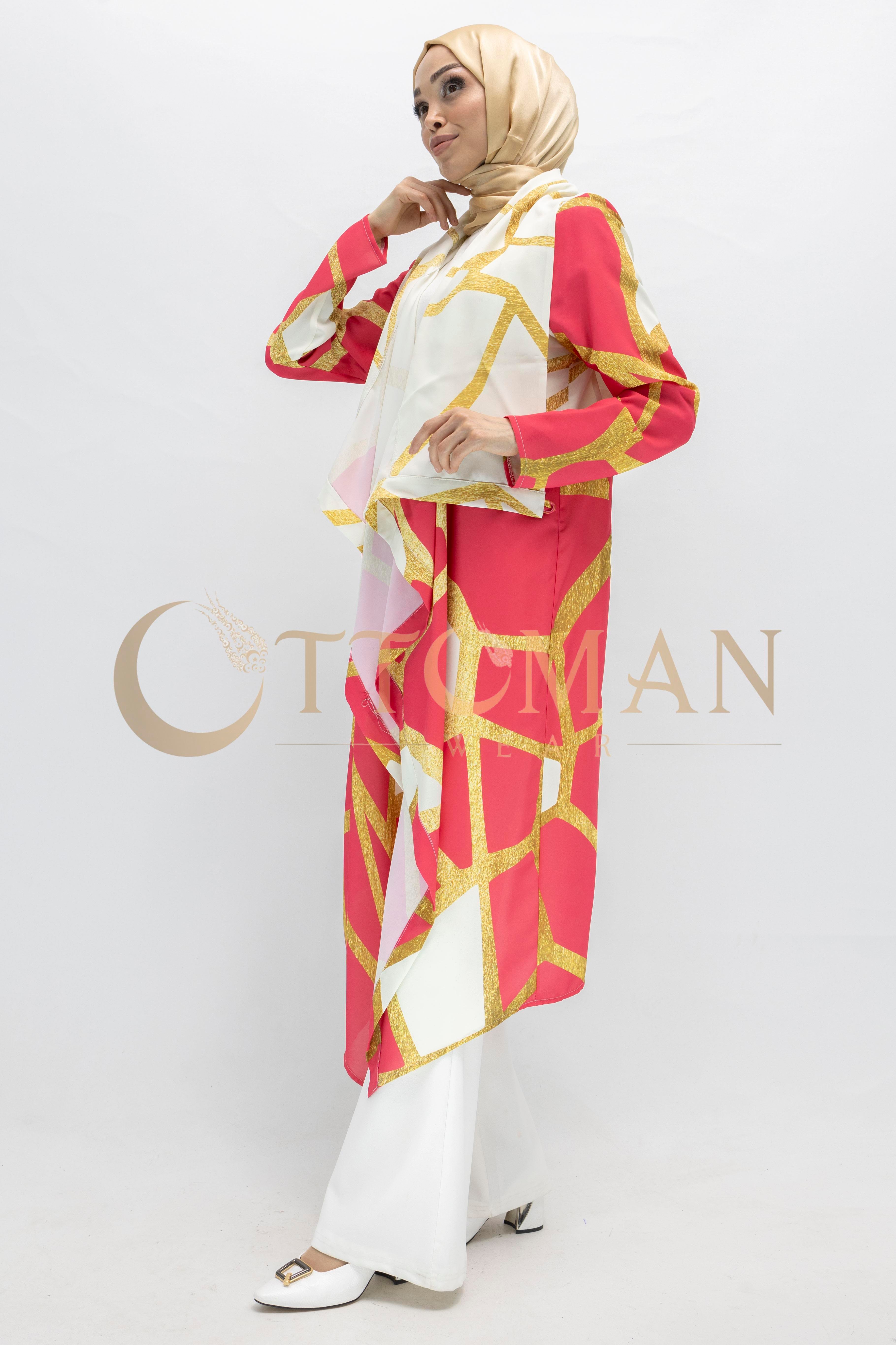 Orhan Store Desenli Saten Kuşaklı Giy Çık Kimono Fuşya OTW1167