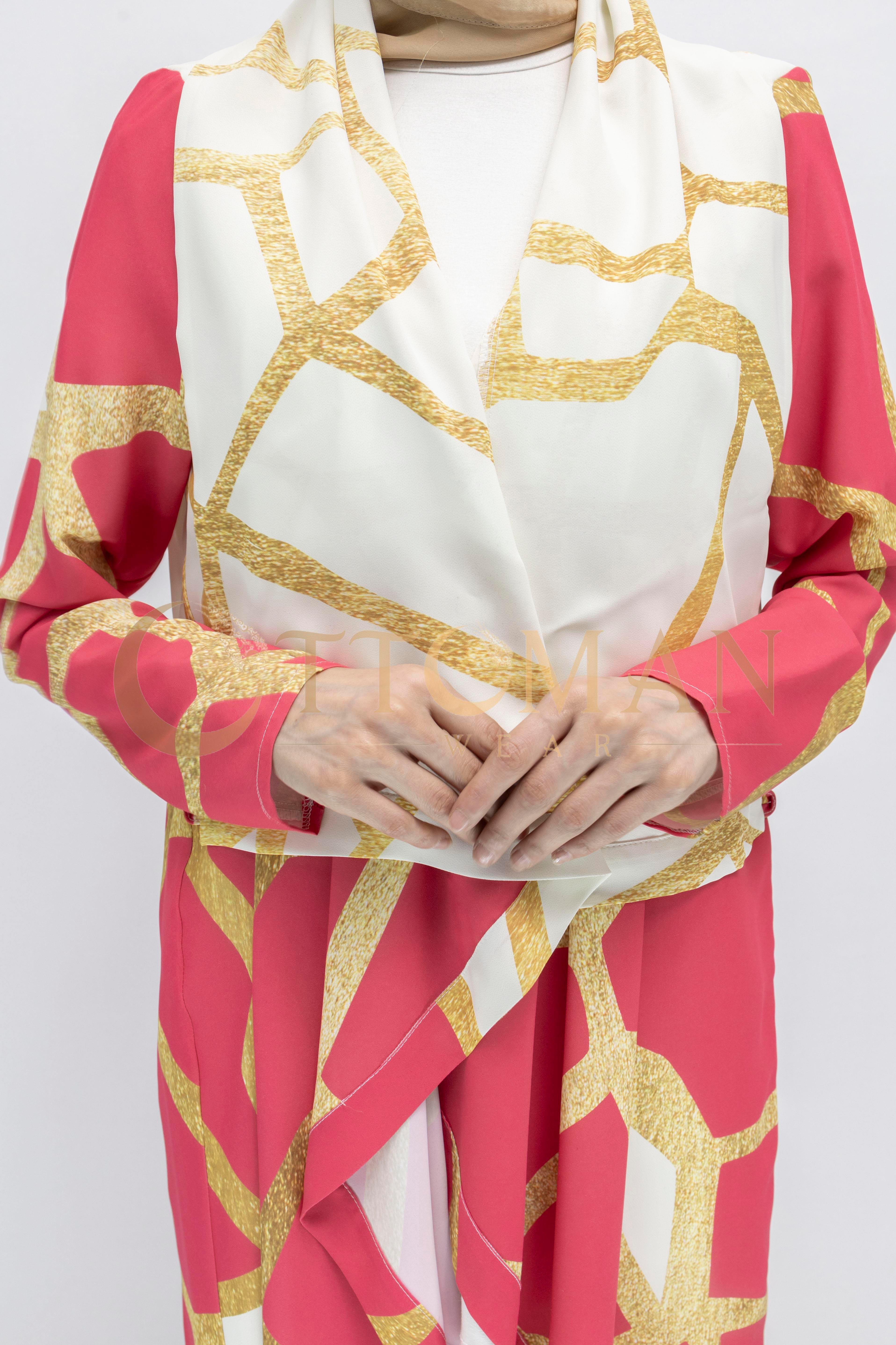 Orhan Store Desenli Saten Kuşaklı Giy Çık Kimono Fuşya OTW1167
