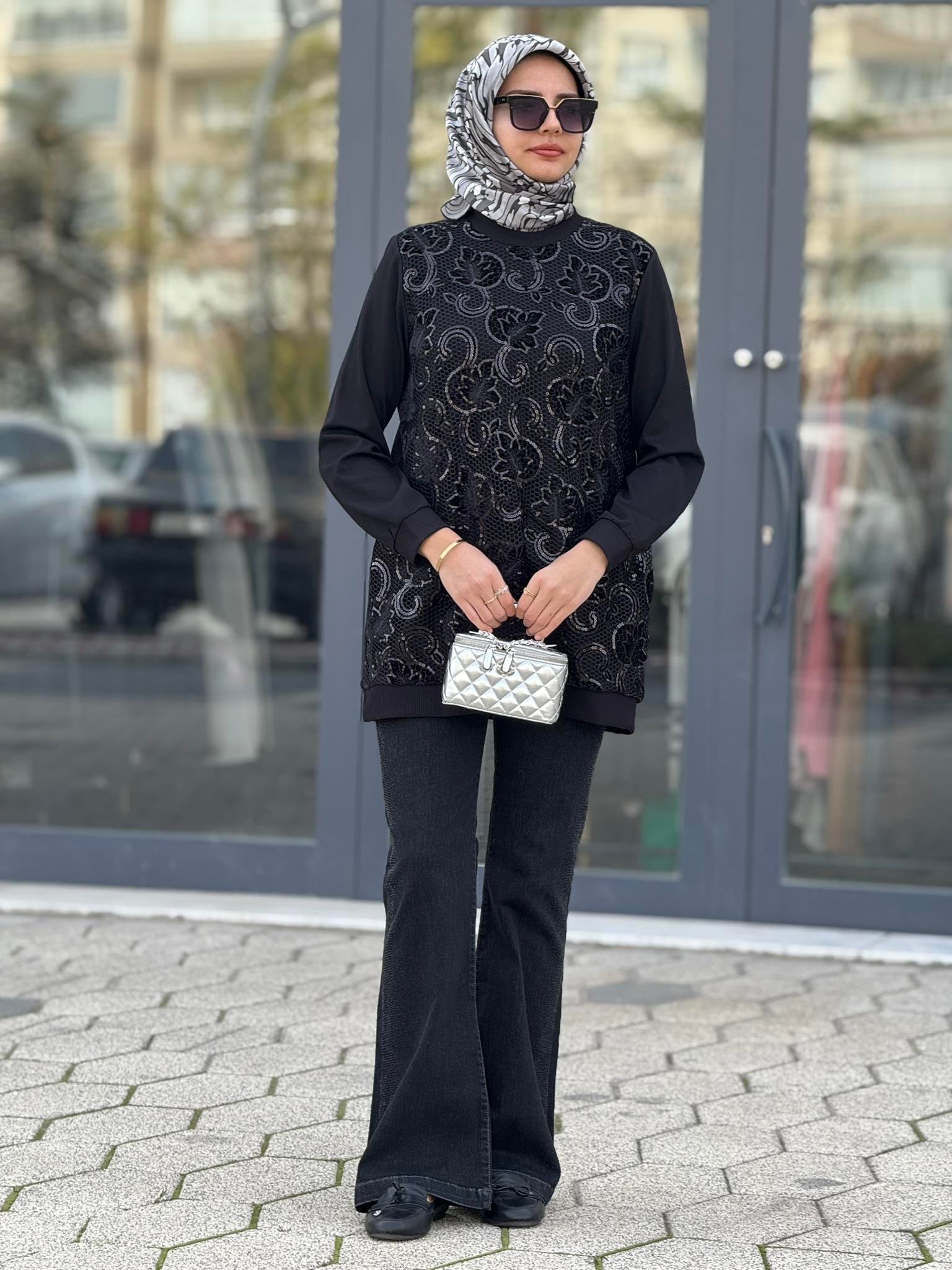 Orhan Store İşlemeli Çelik Örme Tunik Siyah OTW1335