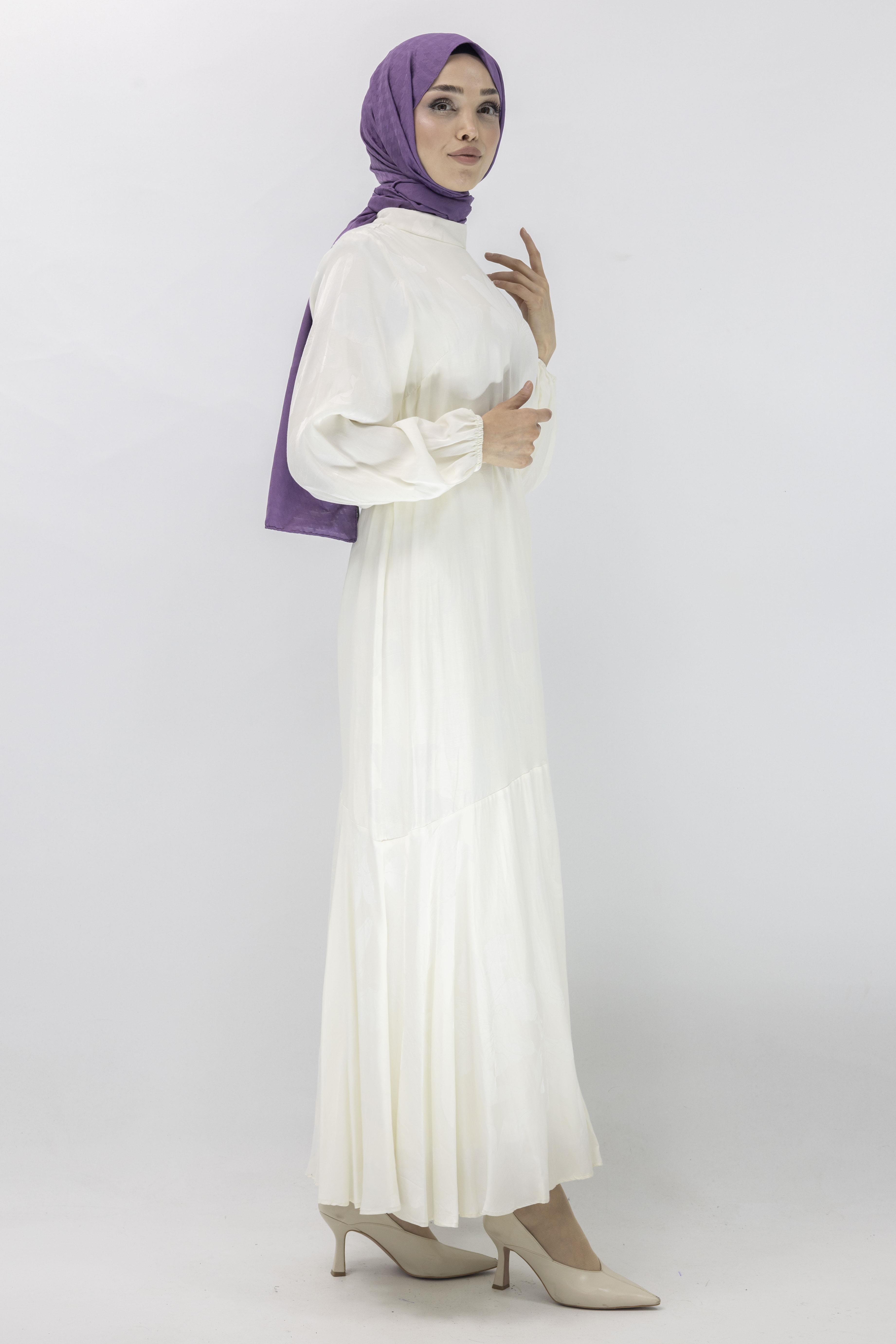 Orhan Store Jakar Desenli  Elbise Krem OTW1539