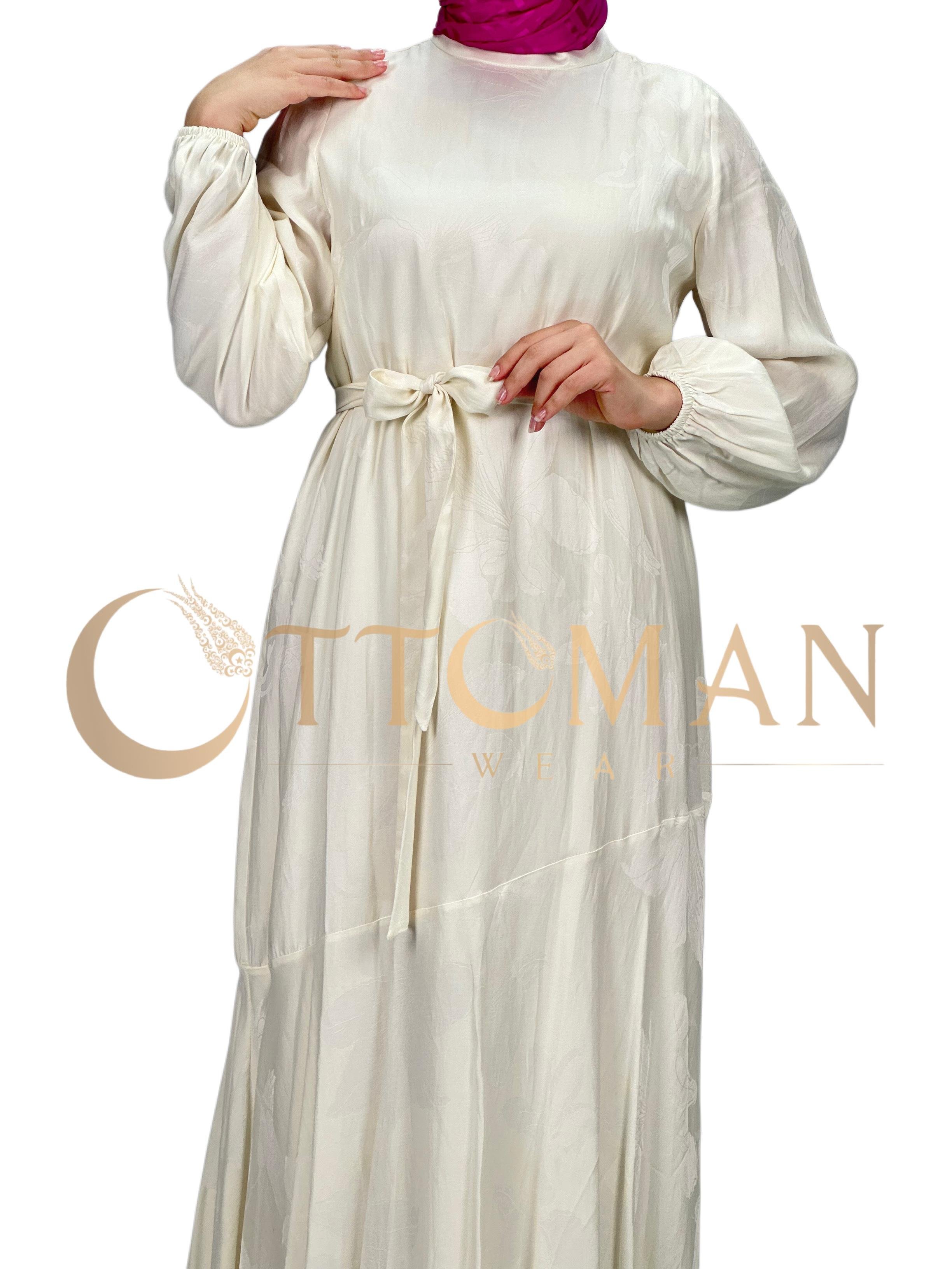 Orhan Store Jakar Desenli  Elbise Krem OTW1539