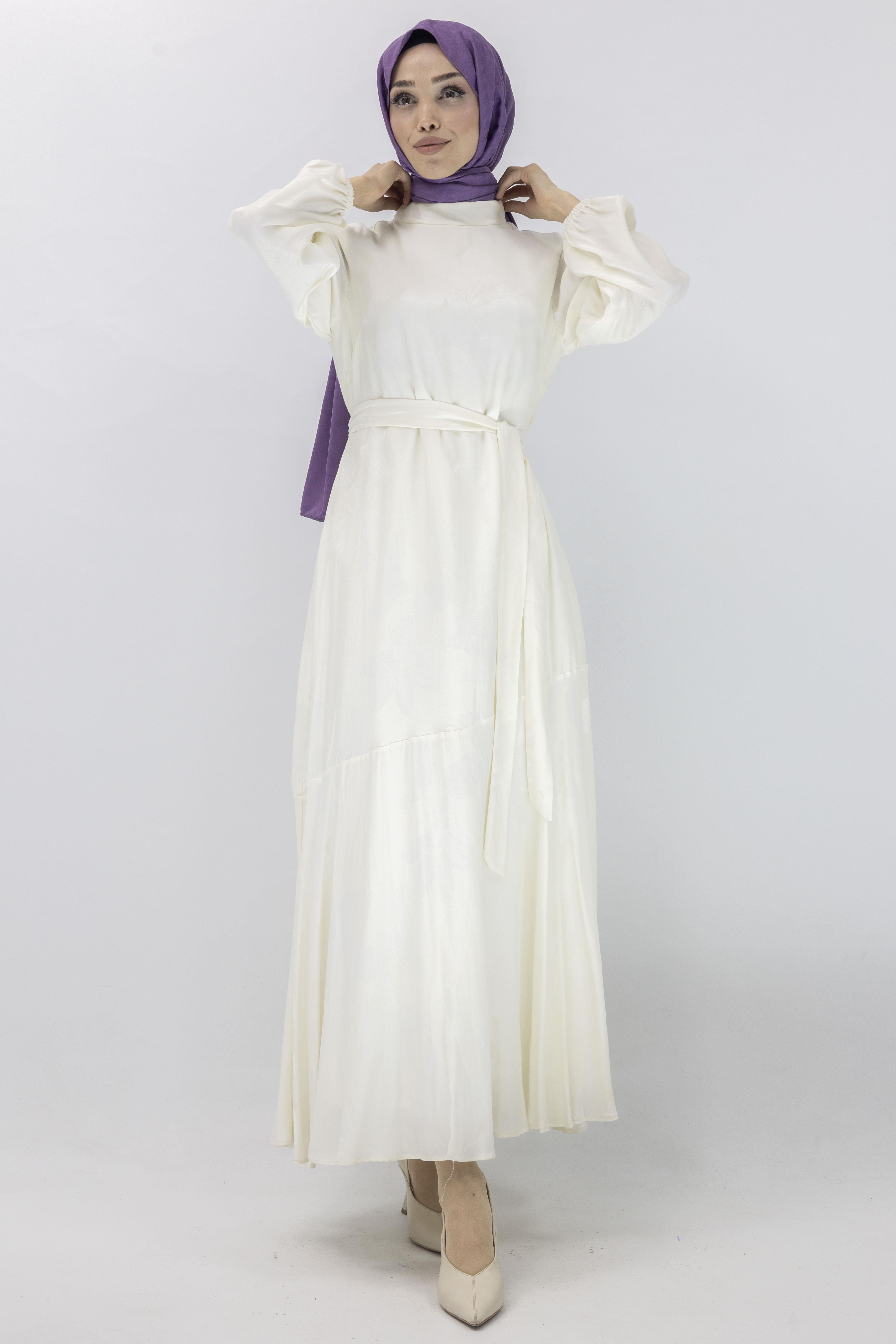 Orhan Store Jakar Desenli  Elbise Krem OTW1539