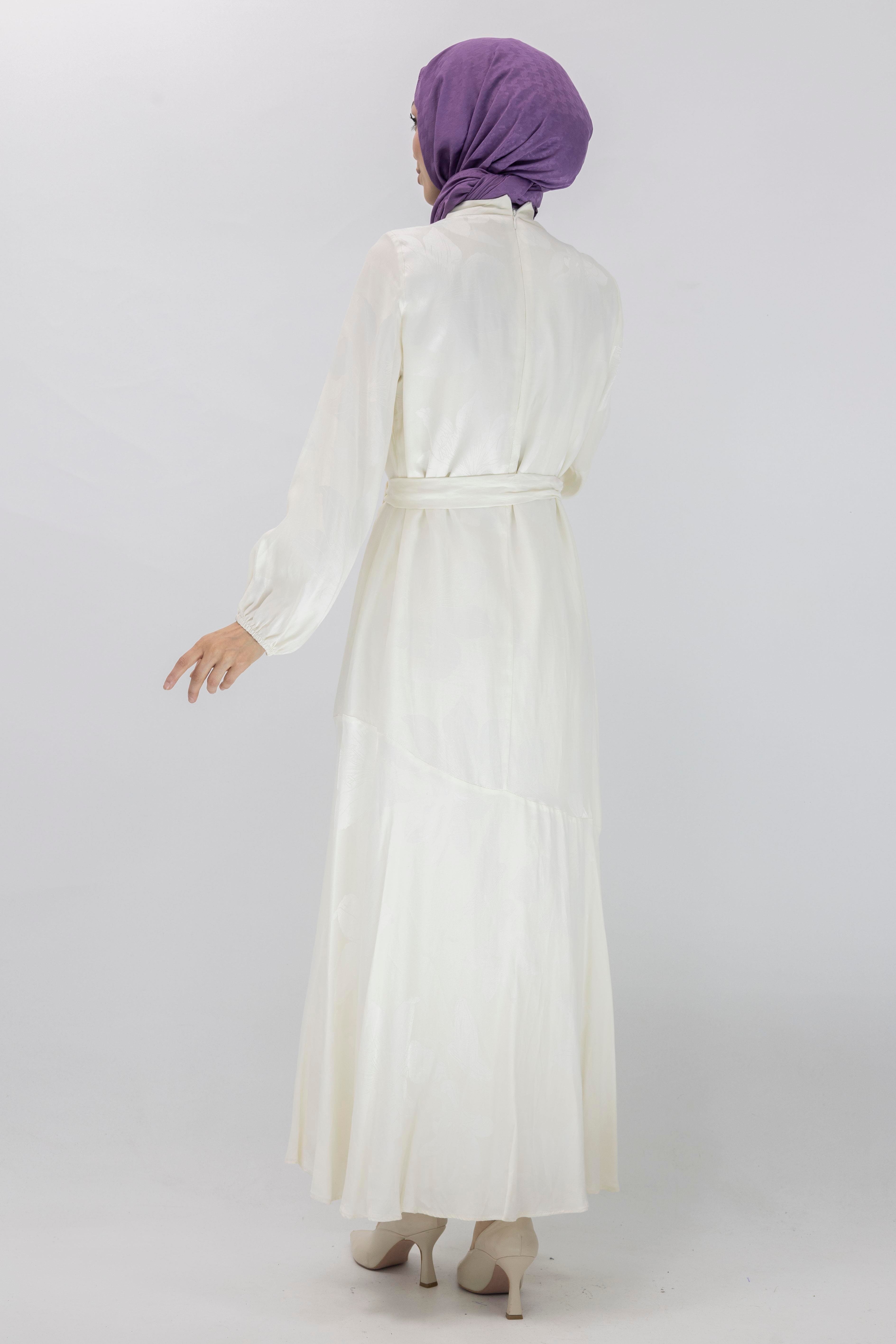 Orhan Store Jakar Desenli  Elbise Krem OTW1539