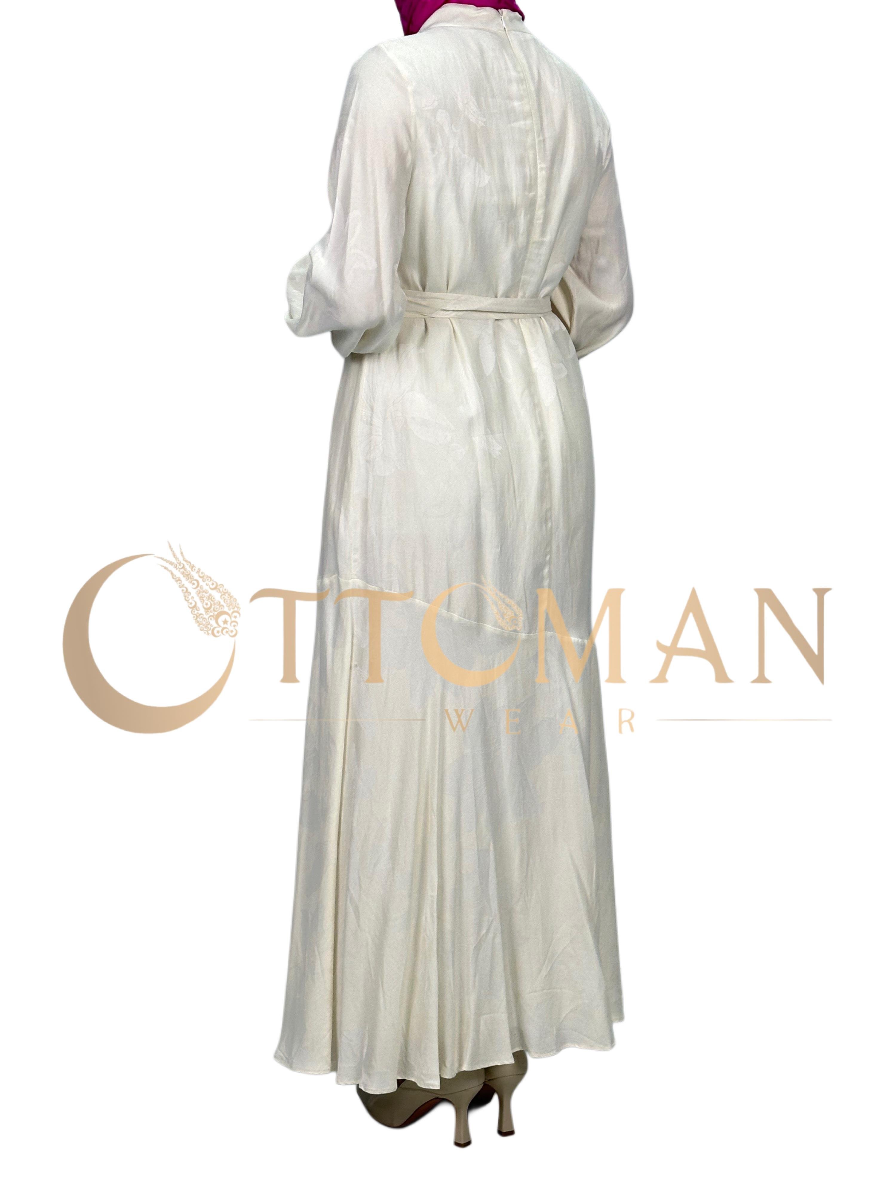 Orhan Store Jakar Desenli  Elbise Krem OTW1539