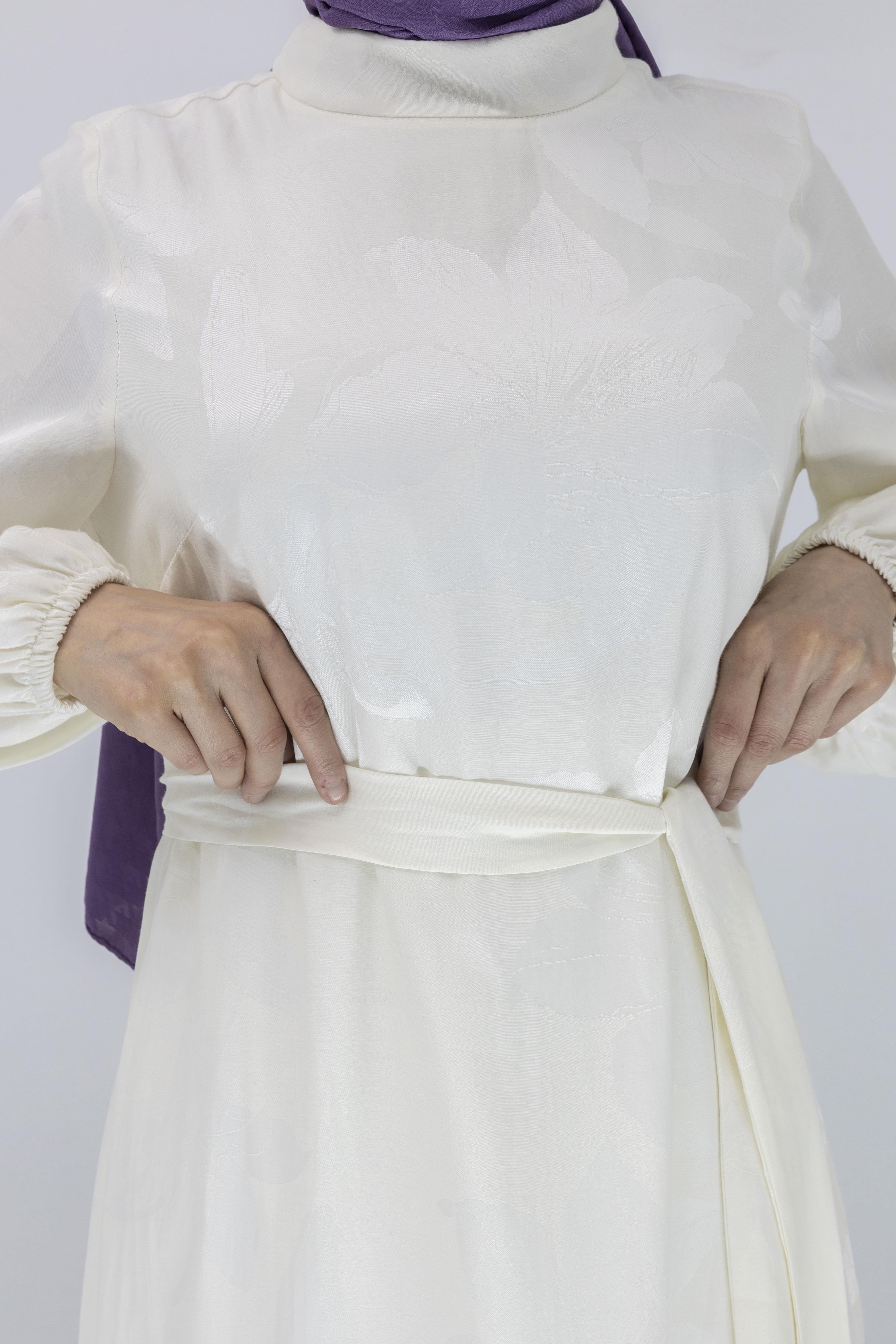 Orhan Store Jakar Desenli  Elbise Krem OTW1539