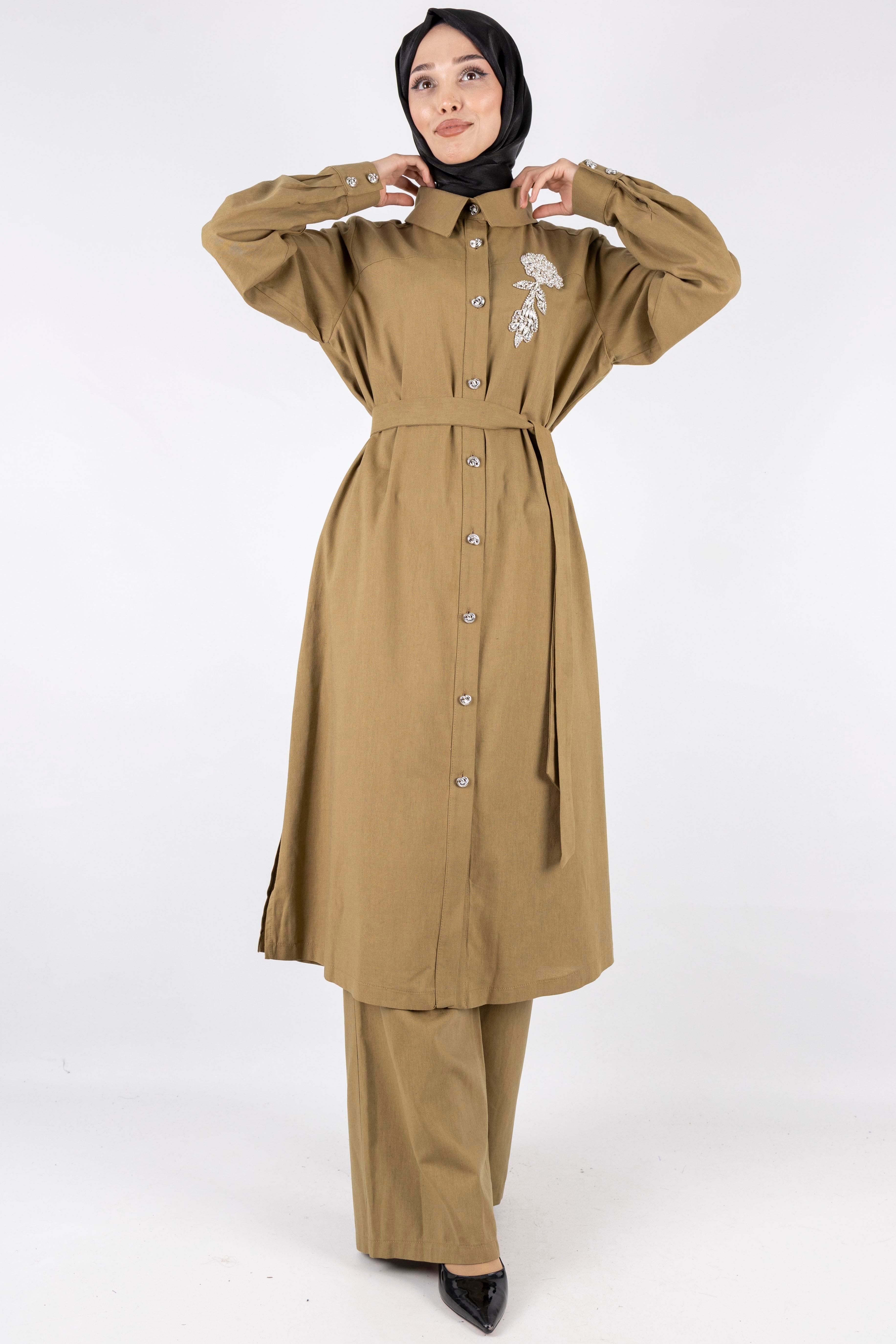 Orhan Store Keten Büyük Beden Takım Haki OTW2650