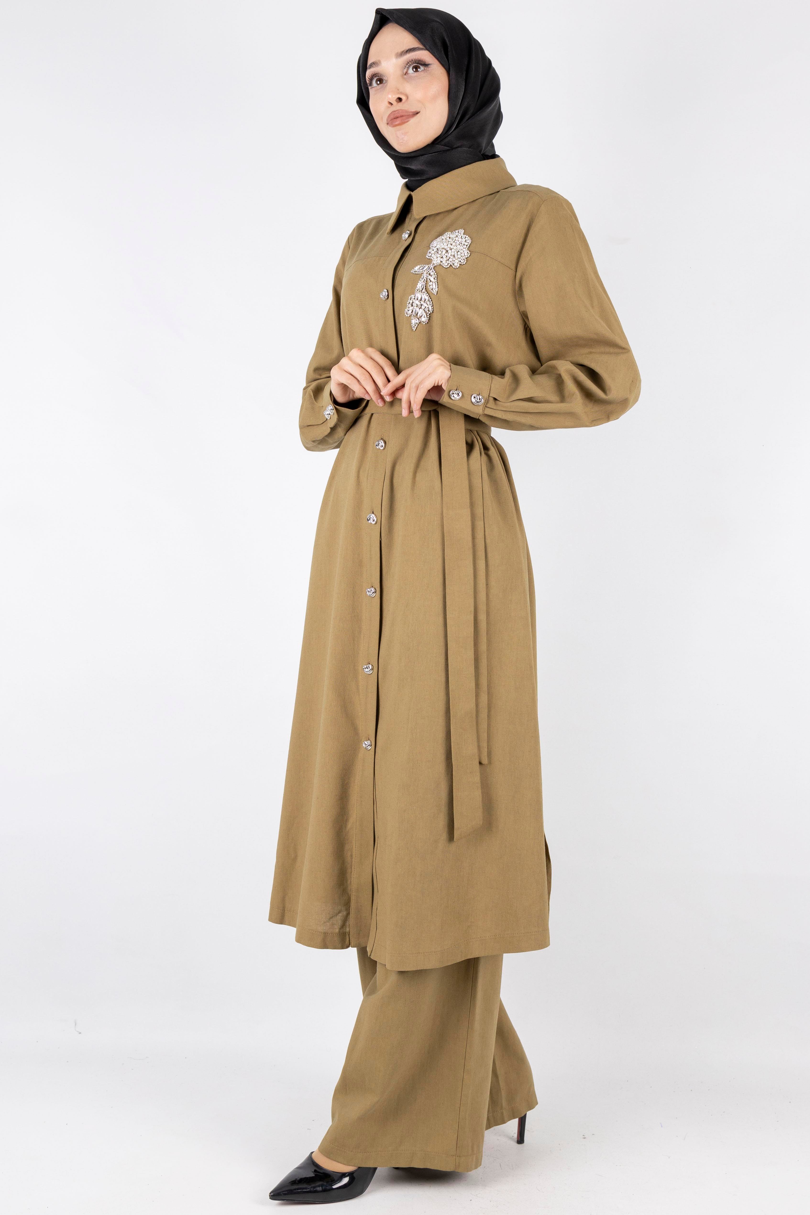 Orhan Store Keten Büyük Beden Takım Haki OTW2650