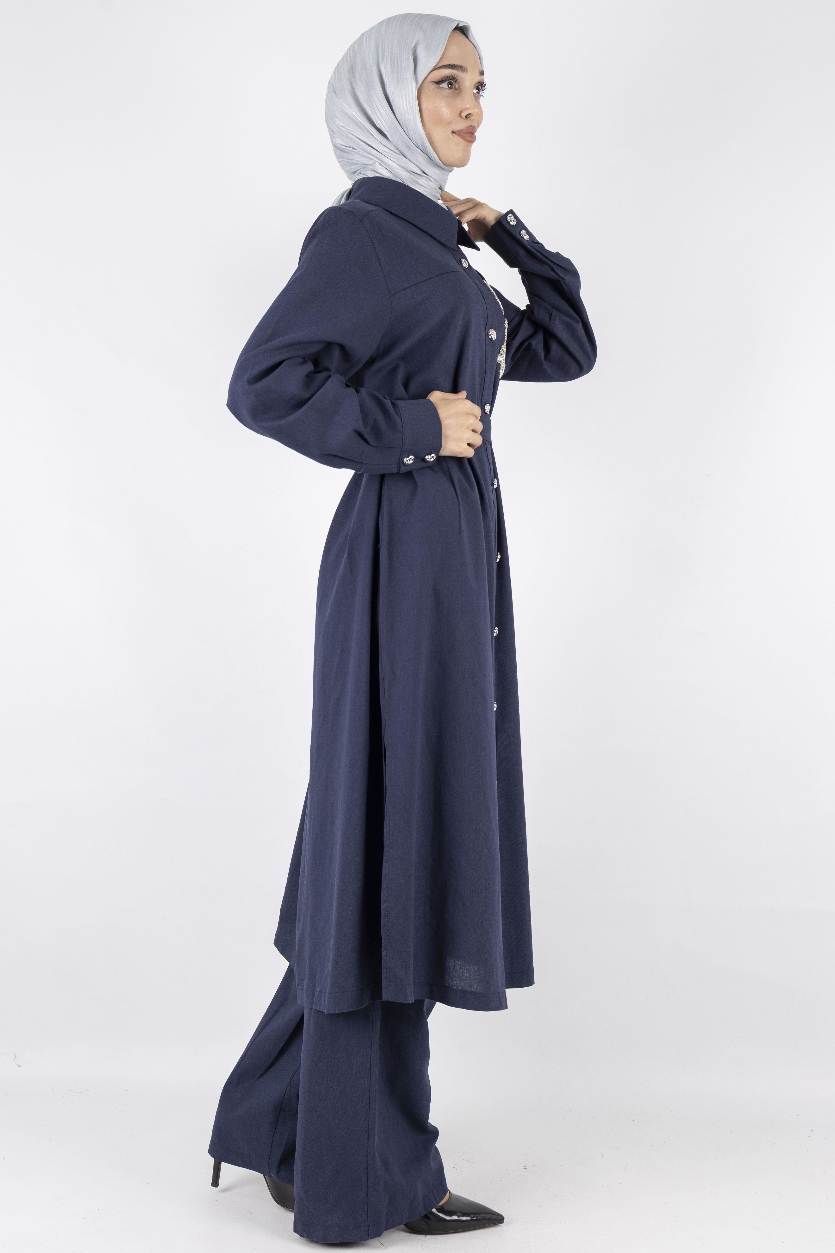 Orhan Store Keten Büyük Beden Takım Lacivert OTW2650