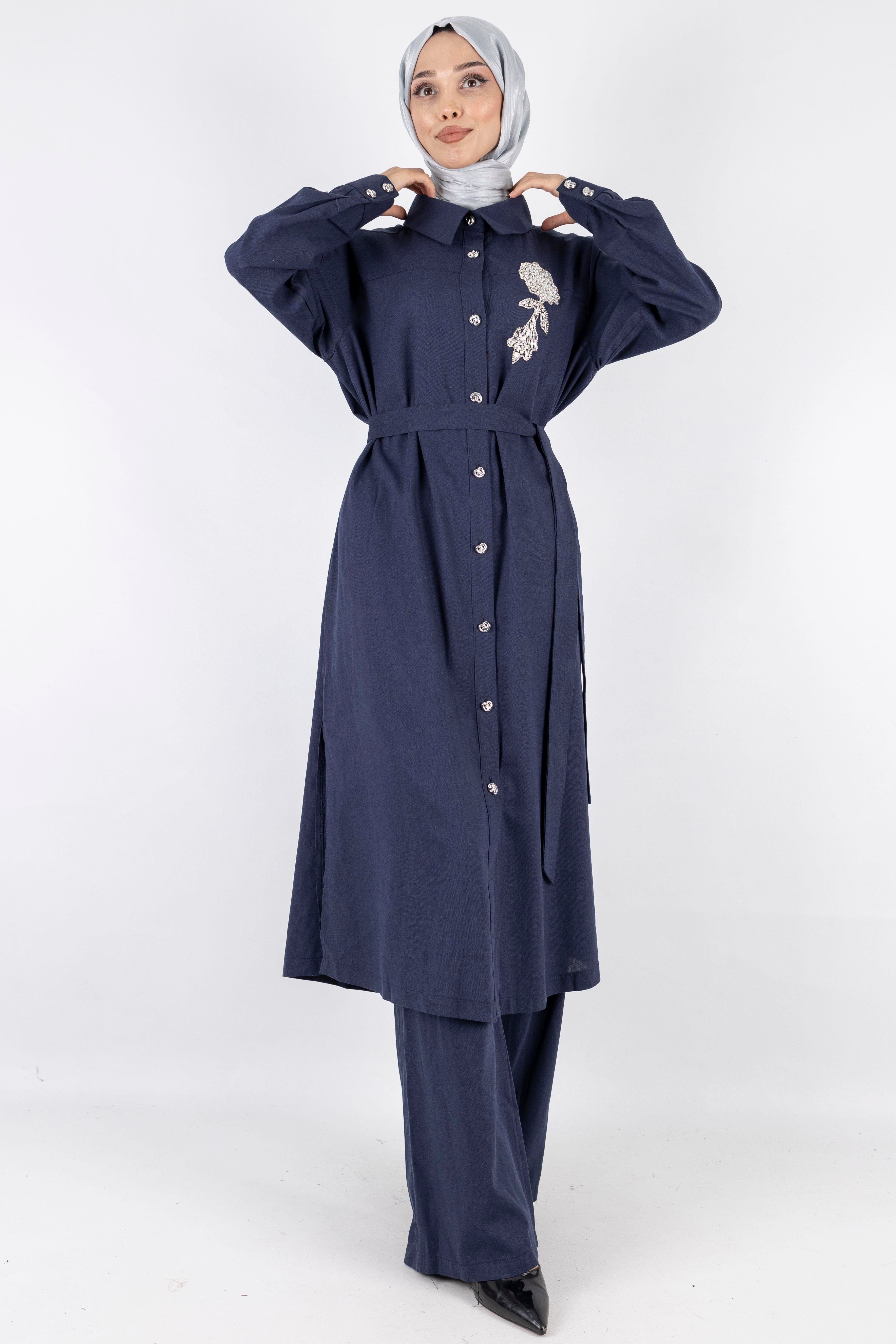 Orhan Store Keten Büyük Beden Takım Lacivert OTW2650