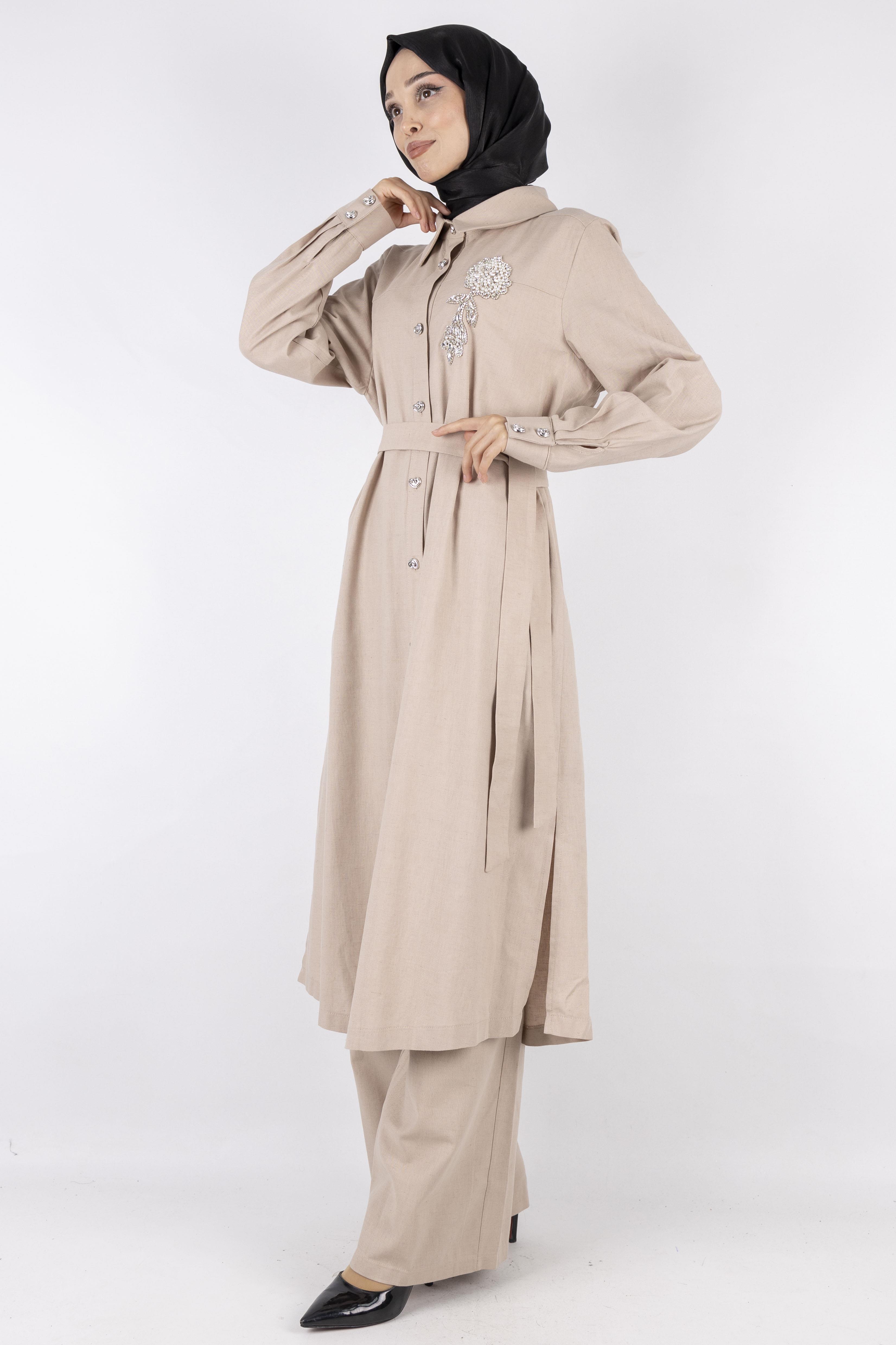 Orhan Store Keten Büyük Beden Takım Vizon OTW2650