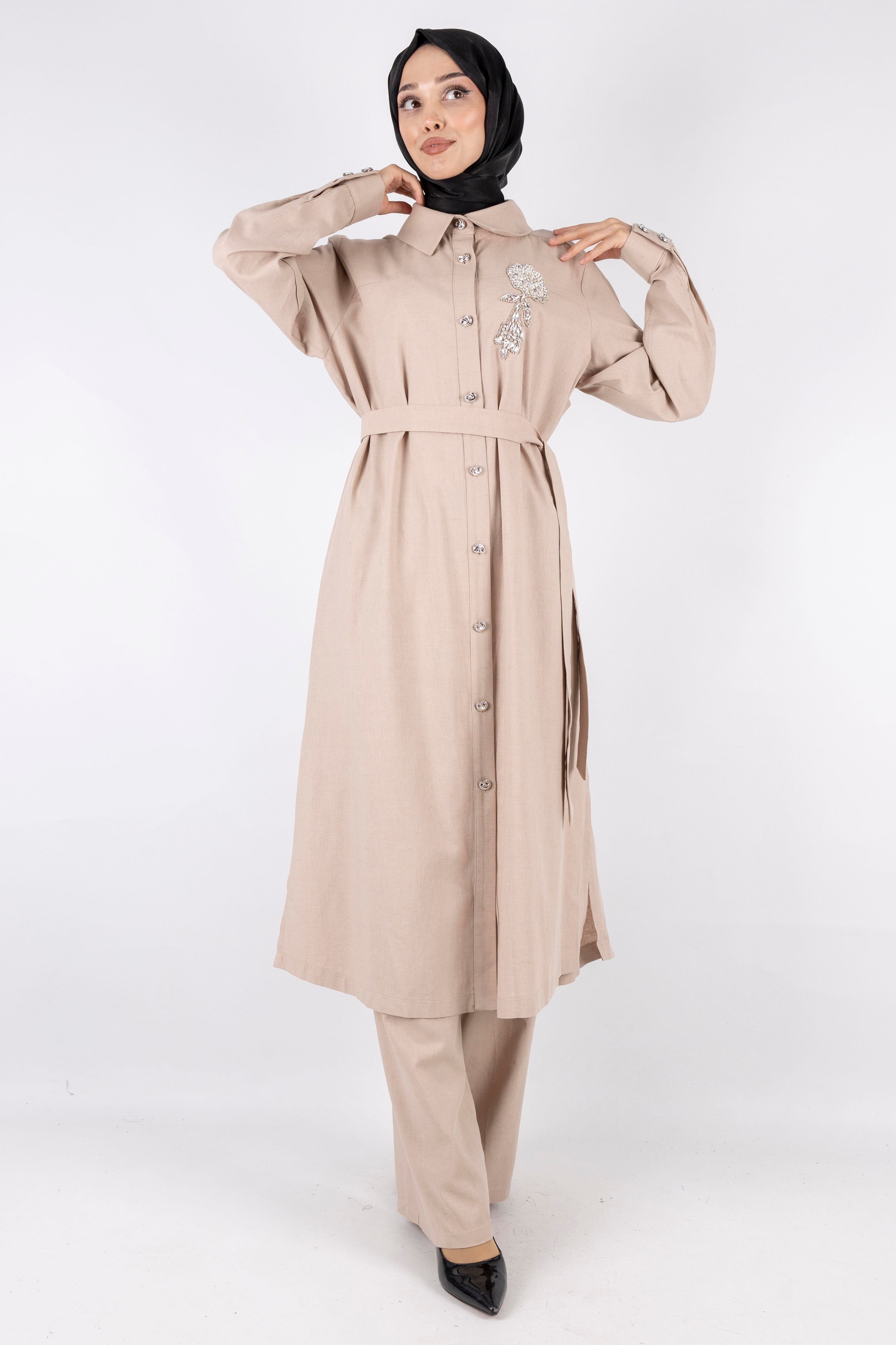 Orhan Store Keten Büyük Beden Takım Vizon OTW2650