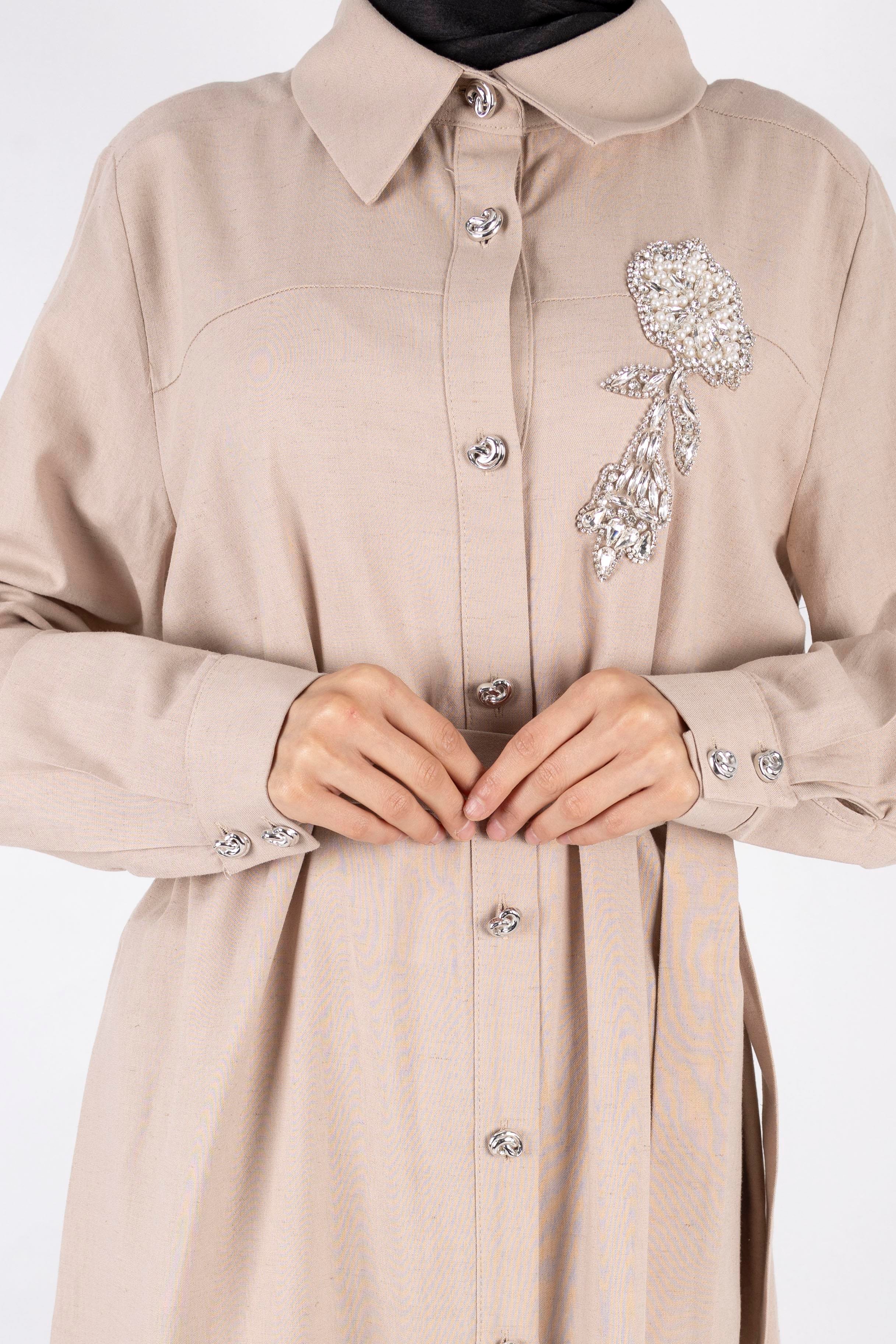 Orhan Store Keten Büyük Beden Takım Vizon OTW2650