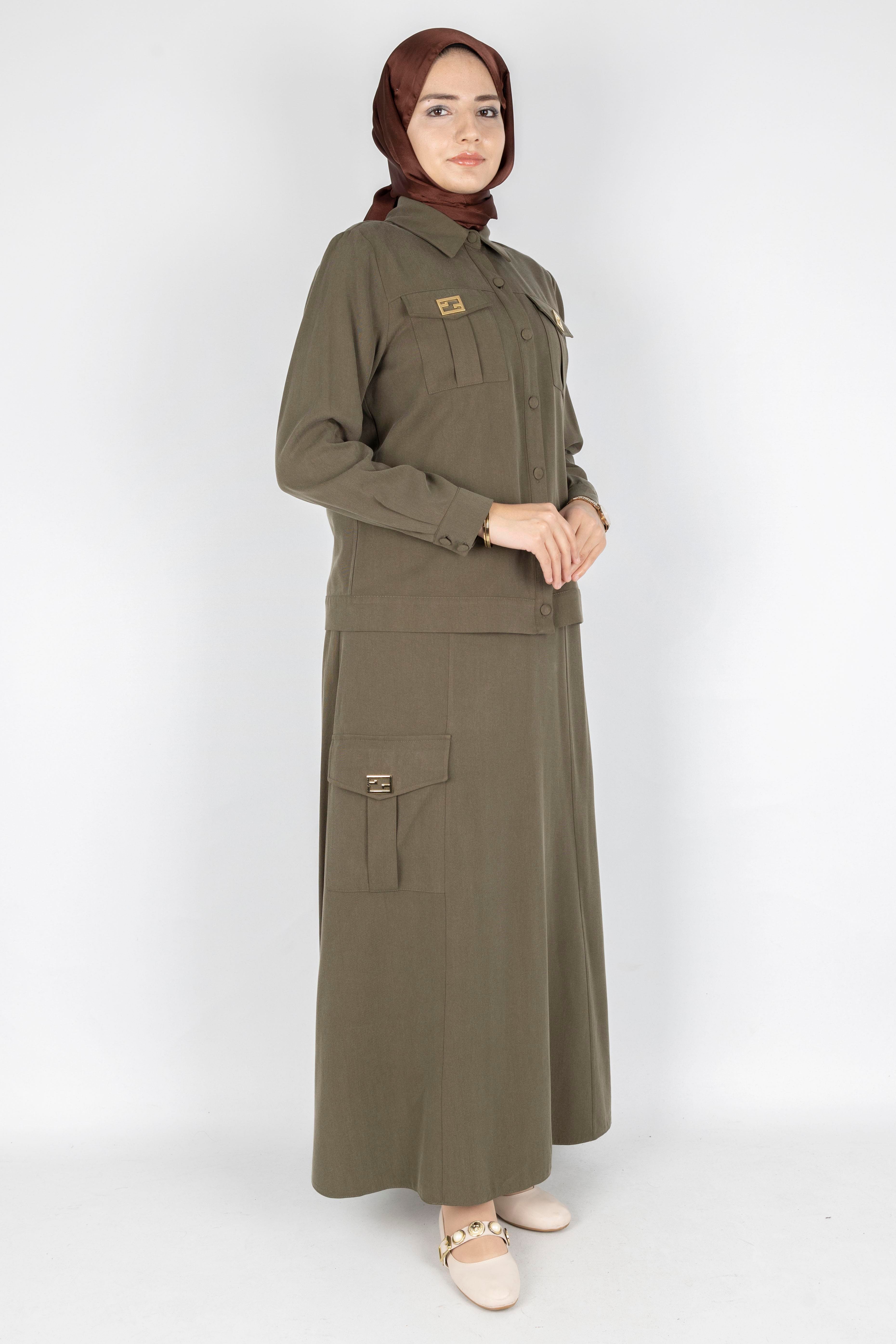 Orhan Store Minimal Düğmeli Tesettür Etekli Takım Haki OTW2721