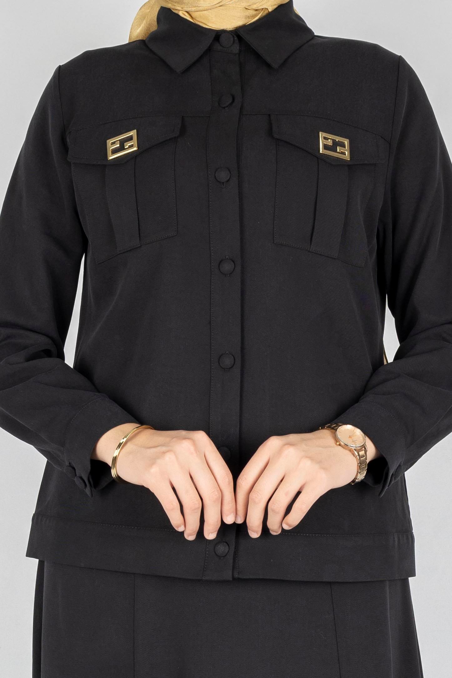 Orhan Store Minimal Düğmeli Tesettür Etekli Takım Siyah OTW2721