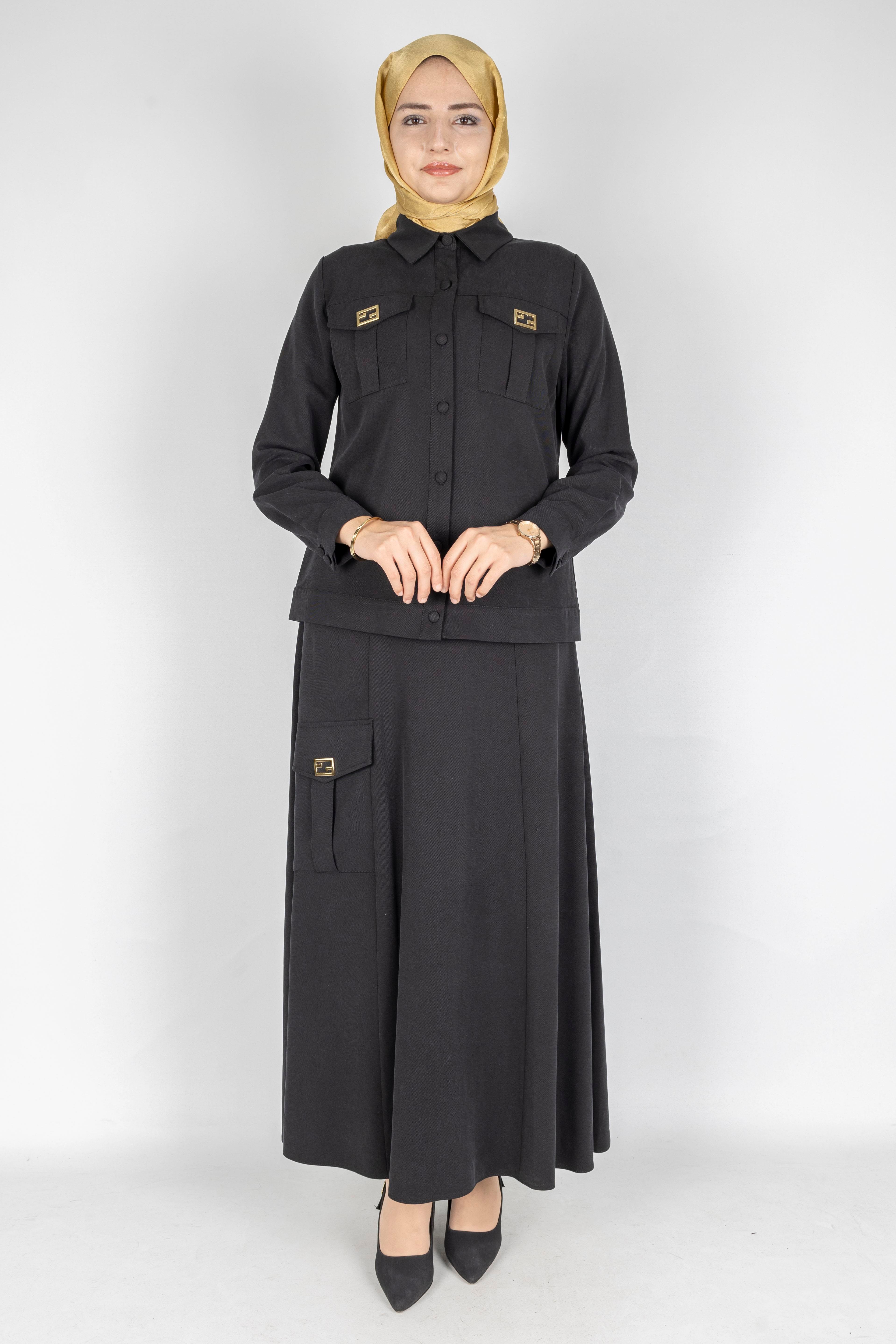Orhan Store Minimal Düğmeli Tesettür Etekli Takım Siyah OTW2721