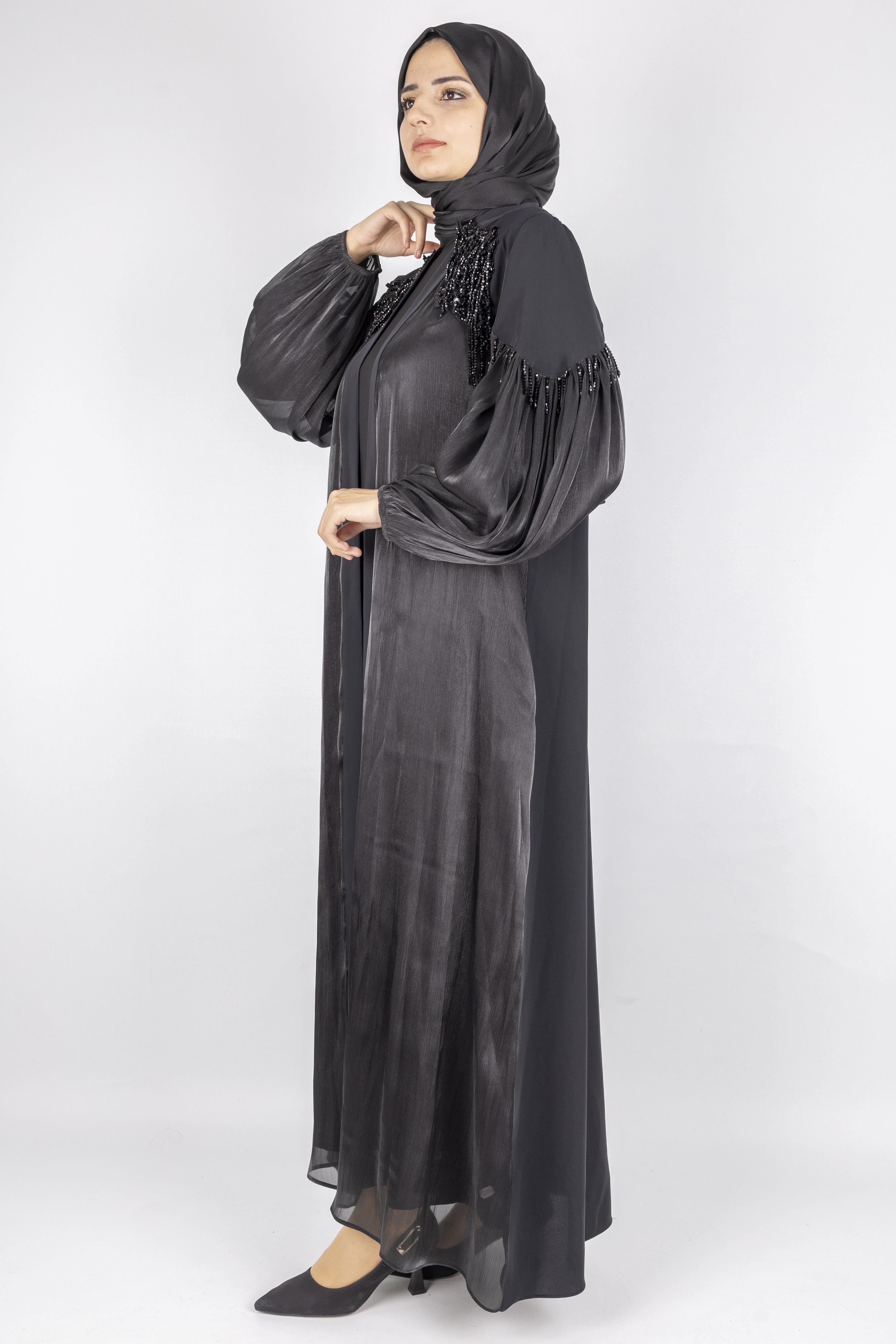 Orhan Store Omuz Detaylı Şifon Kollu Abaya Takım Siyah OTW2593