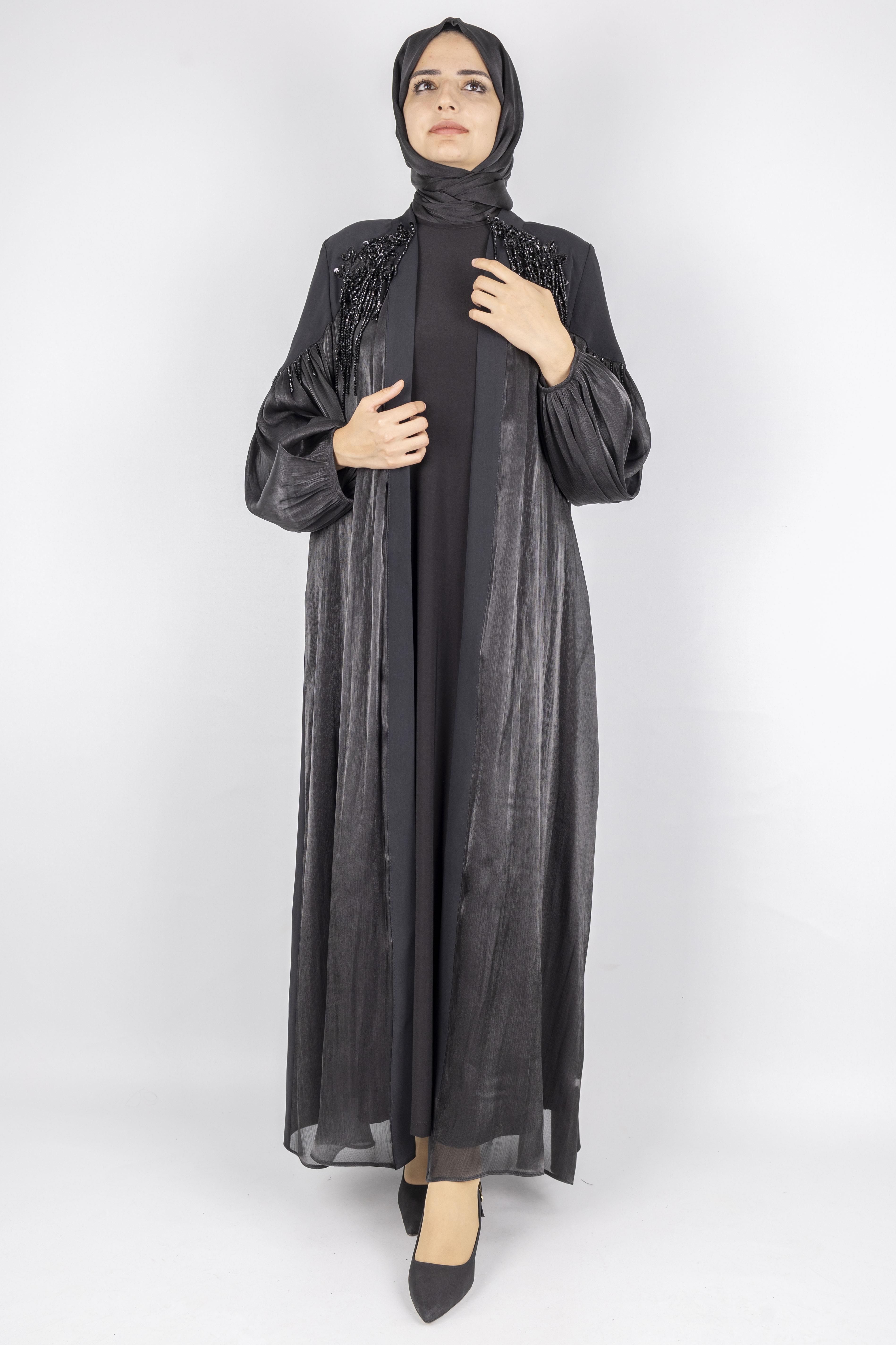 Orhan Store Omuz Detaylı Şifon Kollu Abaya Takım Siyah OTW2593