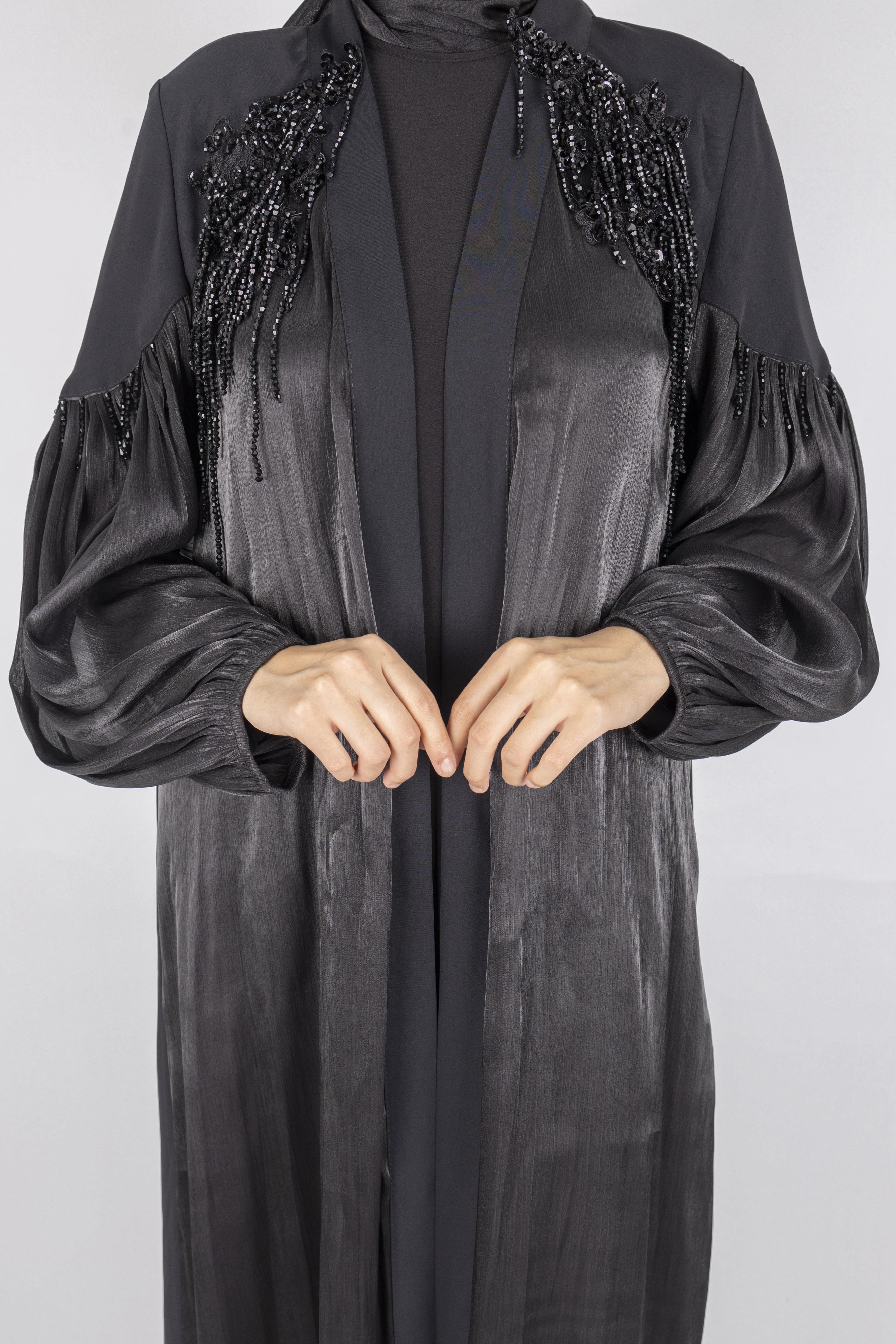 Orhan Store Omuz Detaylı Şifon Kollu Abaya Takım Siyah OTW2593